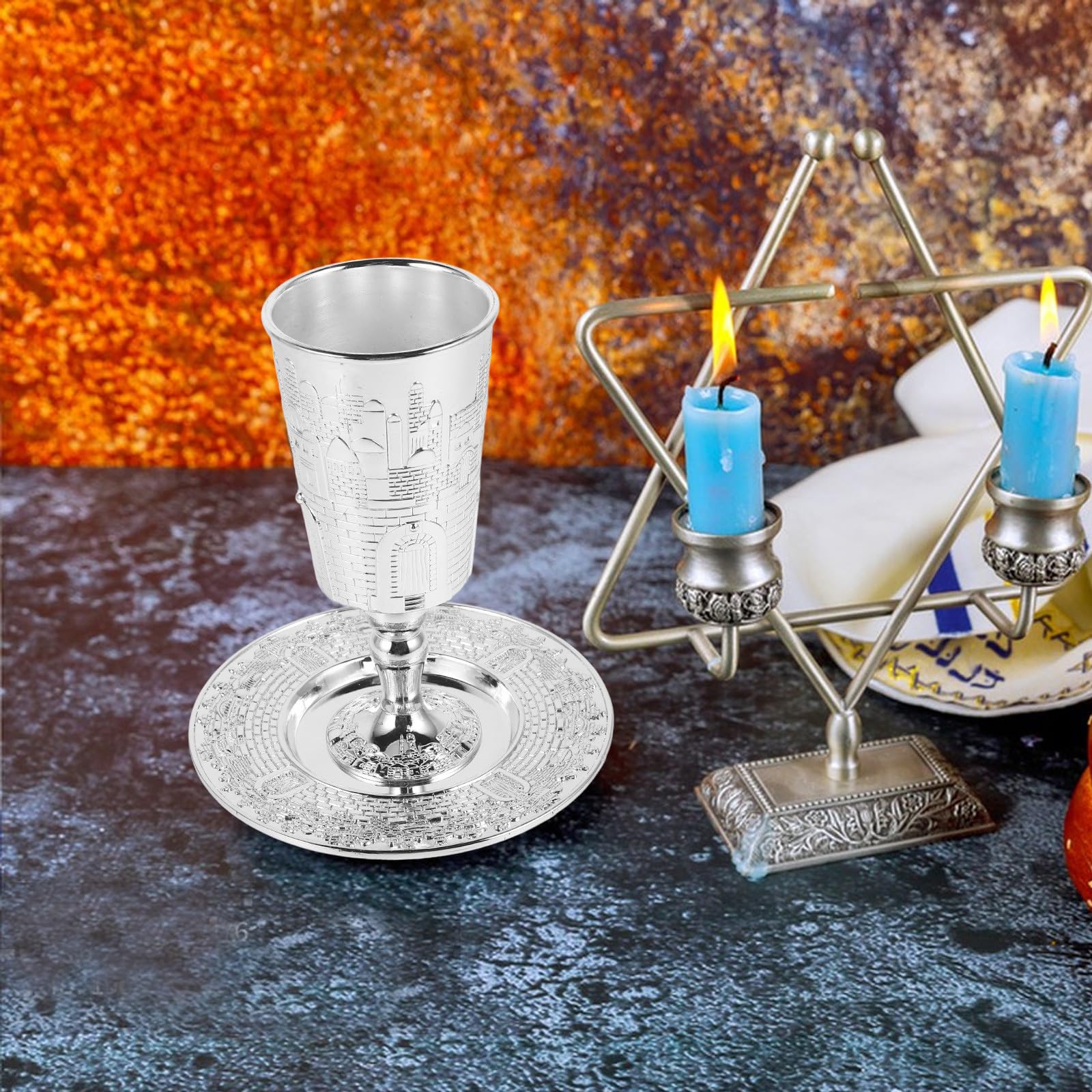 Set de Coupe en Alliage de Zinc Argenté Facile à Nettoyer avec Soucoupe Assortie Kiddouch Sainte Design Solide pour Shabbat et Fêtes Juives