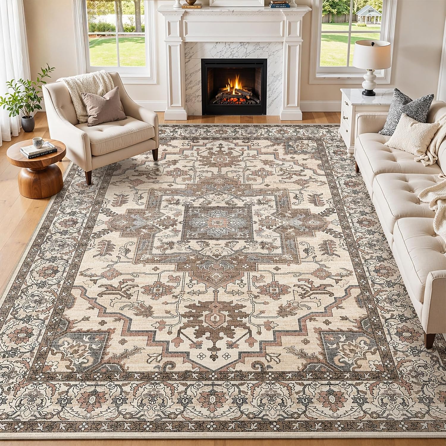 Washable 8x10 Area Rugs for Living Room: Vintage Soft Rug Brown