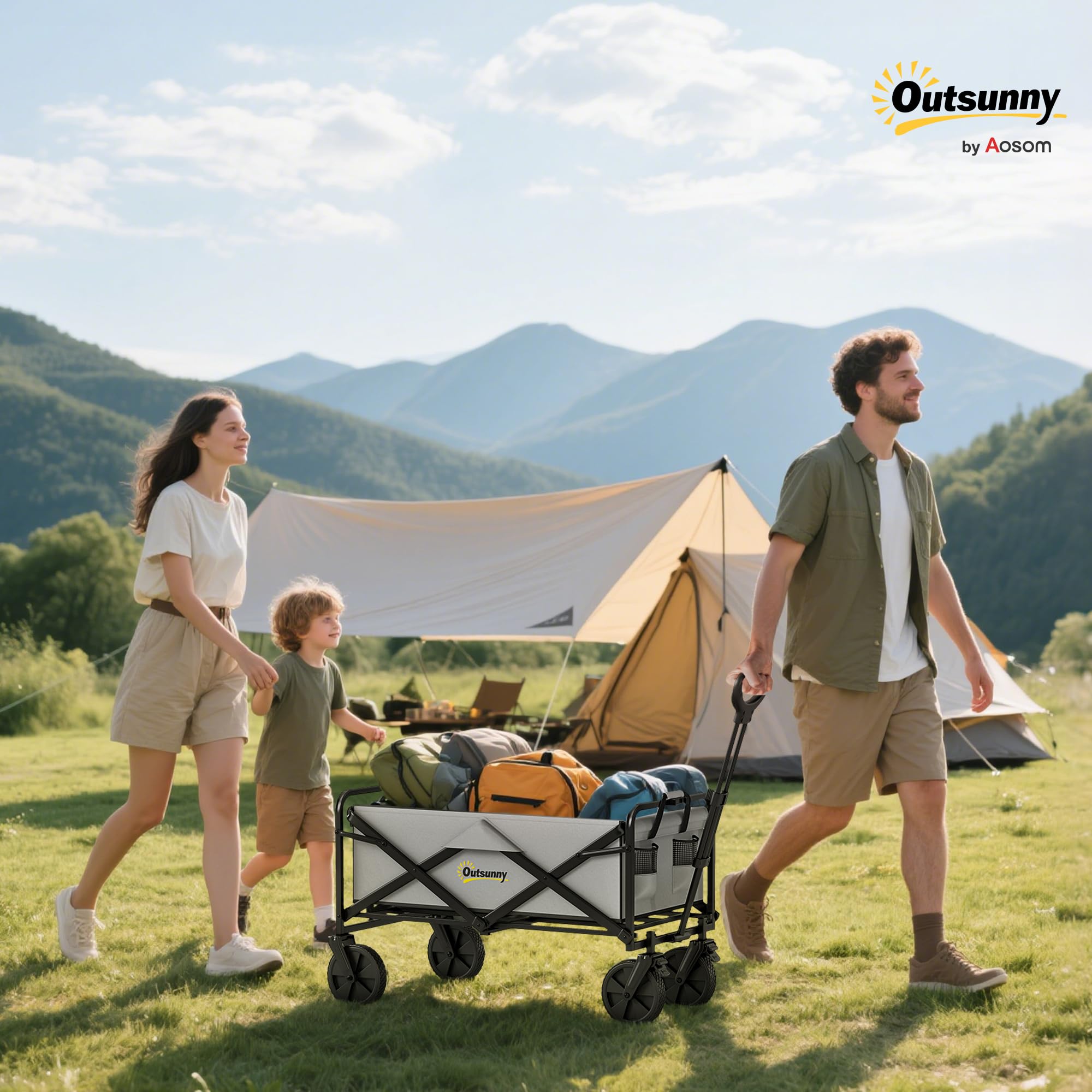Outsunny Chariot de Camping Pliable à roulettes avec poignée réglable, Portable pour extérieur, Jardin, Shopping, pêche, 90 l, Gris foncé