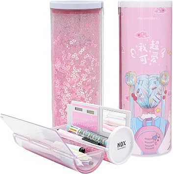 Multifunctional Pencil Case with Quicksand, Calculator, Mirror, Clear Pen Box Pouch, Cute Desk Organizer, Standing Cylindrical Shape for Girls, Boys, School SuppliesCute girl