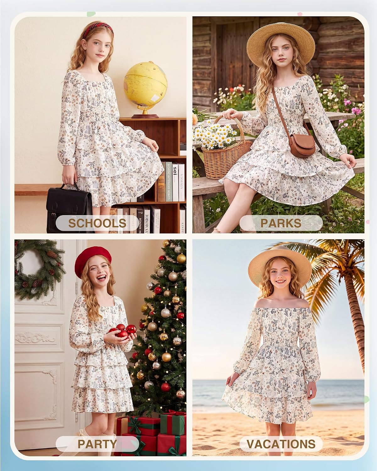 XiaoMoSha Girls Long Sleeve Fall Floral Dress 3-Layer Casual A-line 6-14Y