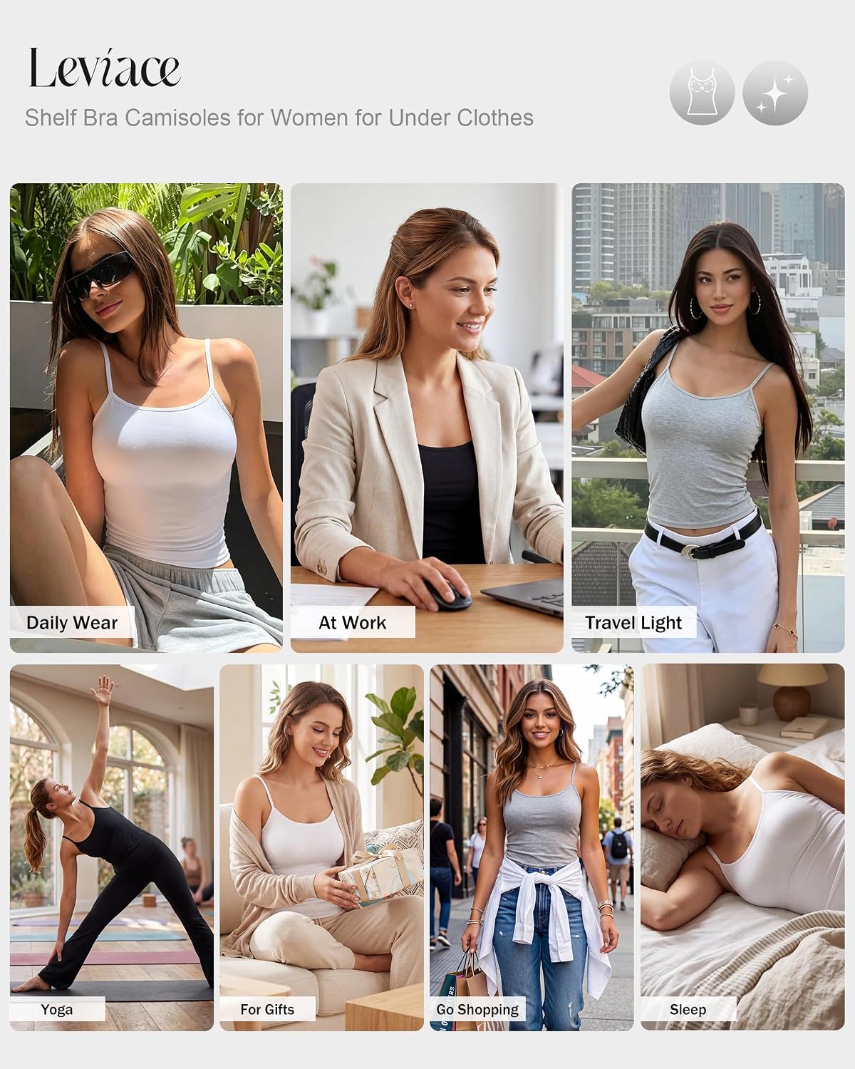 3 Pack Camisole Tops for Women with Built-in Bra, Slim Fit image 2