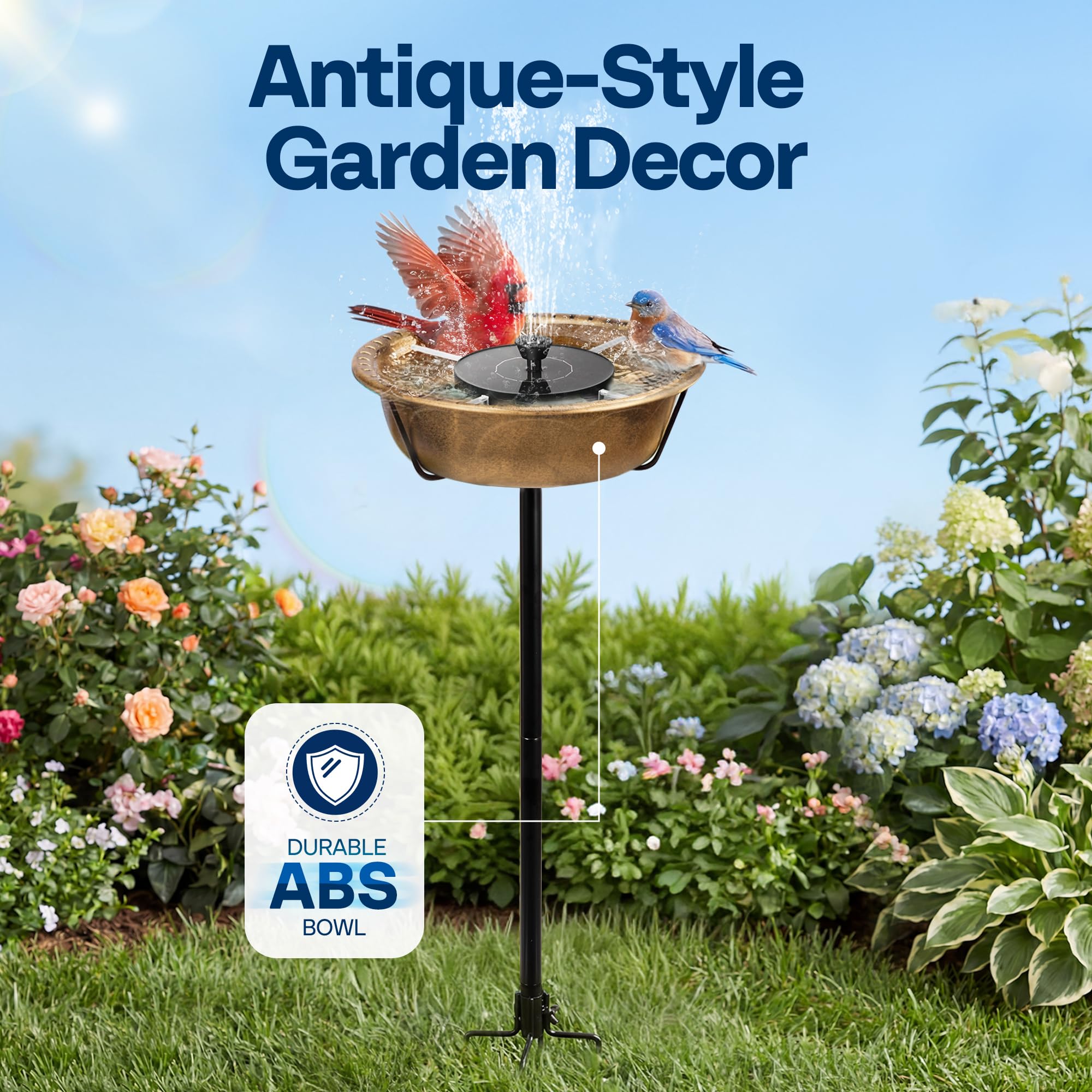 VIVOHOME Bacino per Uccelli in Poliresina con Fontana Solare, Altezza 74cm, Mangiatore per Uccelli da Giardino Autonomo con Pali in Metallo, Base a 5 Punte