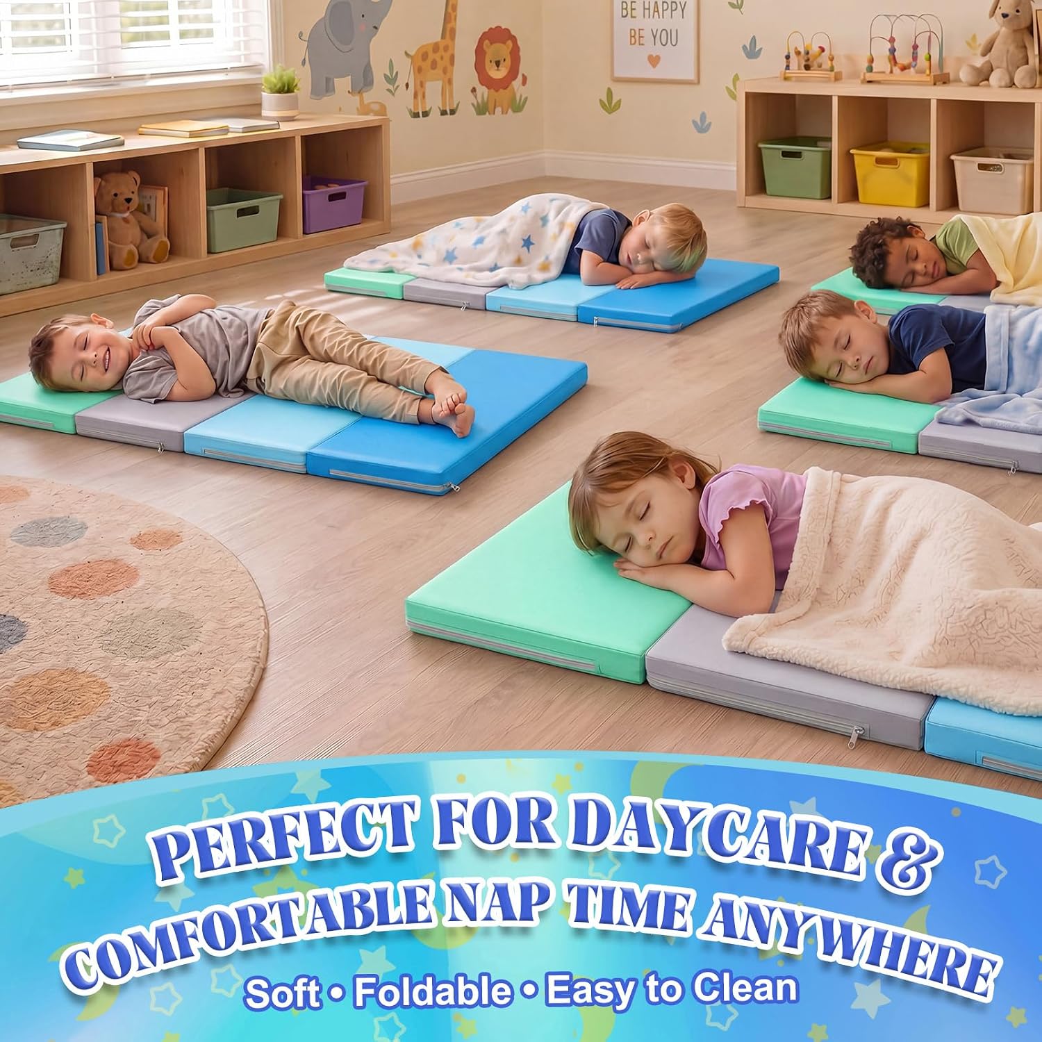 Wesiti Nap Mats for Preschool 1.4 Inch Thick 47x24 Folding Rest Mat 4 Section, Sleeping Pad for Kids Children Daycare Nap School Classroom Kindergarten Daycare Travel Home in Green Blue