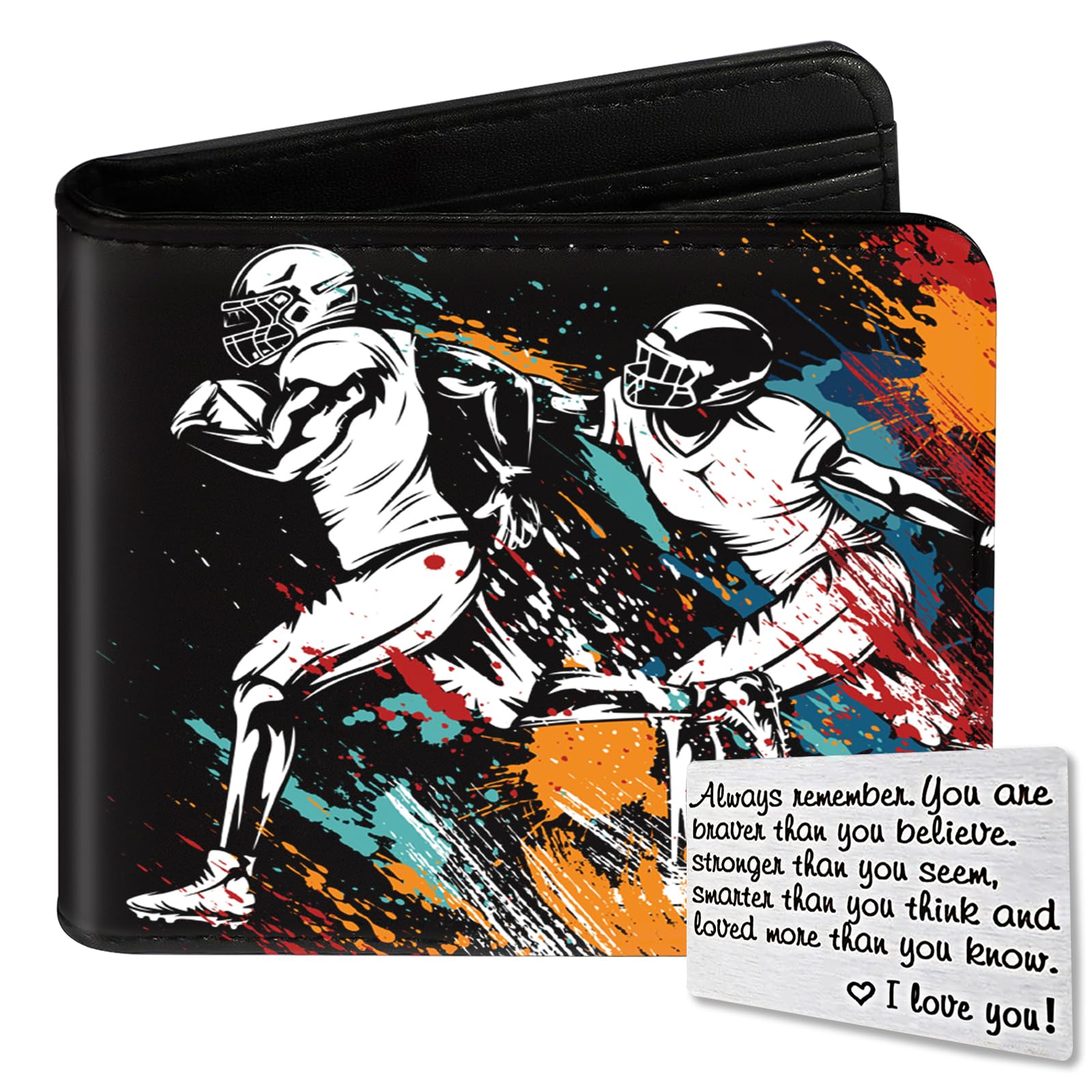 Teen Boys Wallet, Cool Football Wallets for Kids Son 9-12/8-10/8-12 with Wallet Card, Funny Leather Bifold Rfid Blocking Wallet, Purse Coin Pocket Id Window for Men Boy Male Youth Guys Gifts