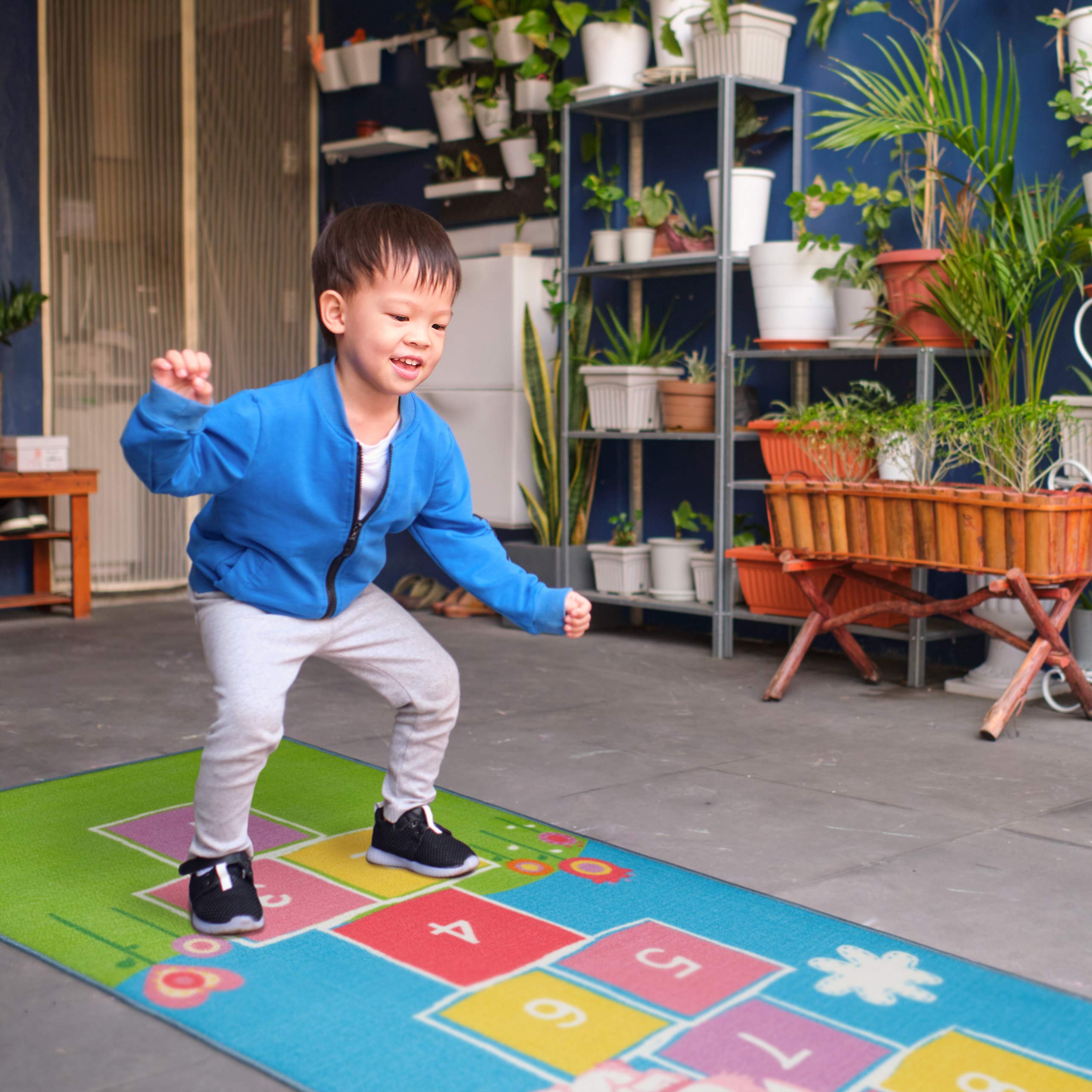 Relaxdays Tapis de marelle, 180 x 70 cm, 10 Cases, à Poils Courts, Dessous caoutchouté, Jeu éducatif, Multicolore