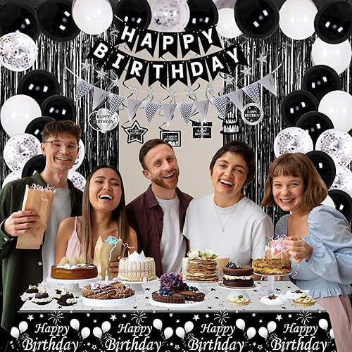 Miniatura 7 de Decoraciones de cumpleaños en blanco y negro para hombres y mujeres, juego de 74 globos de feliz cumpleaños para niños y niñas con mantel de