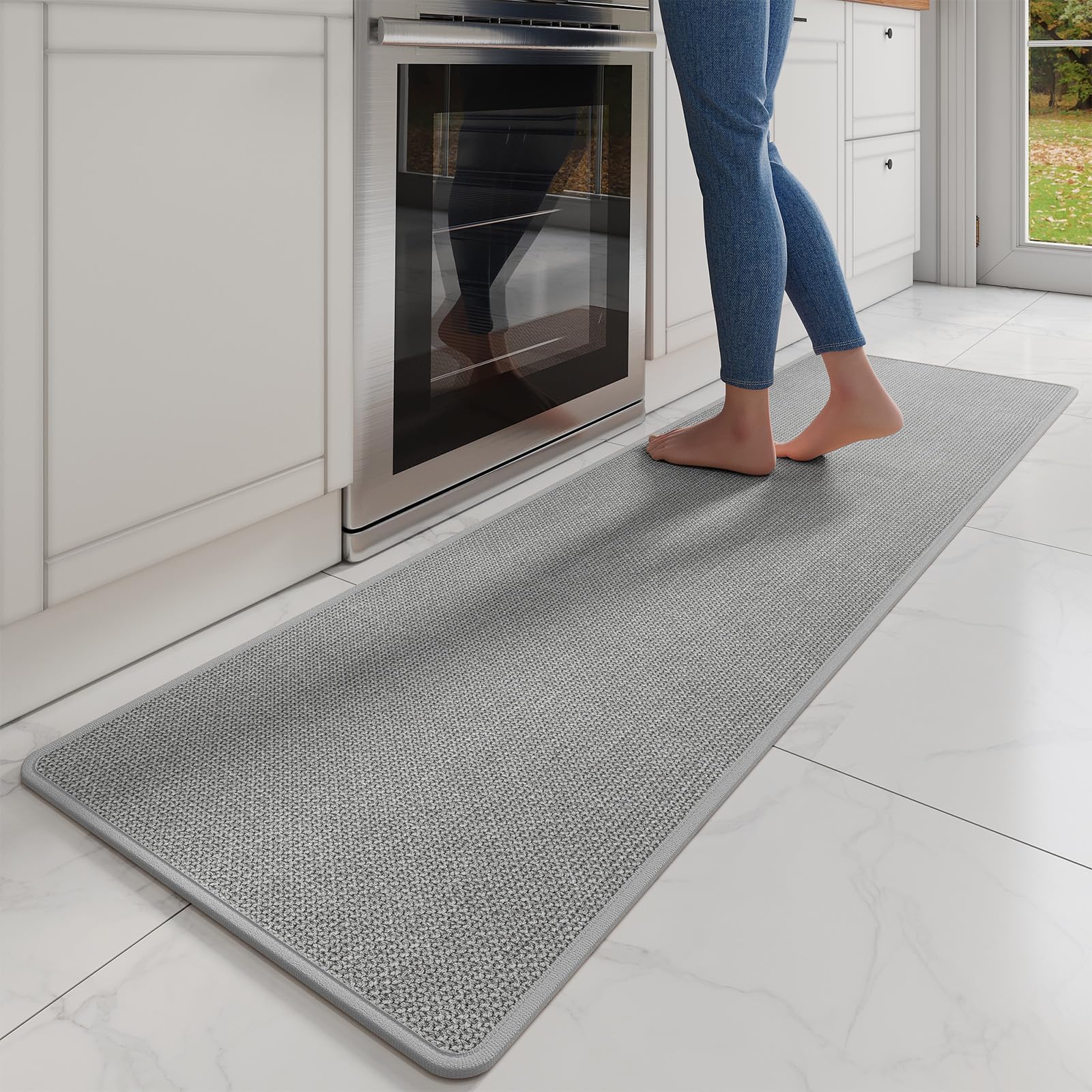 Kitchen Mats for Floor, Super Absorbent Kitchen Rugs Non Slip Washable, Soft Imitation Linen Braided Runner Rug, Standing Mat Kitchen Sink Mat, Easy to Clean, Gray 17x71