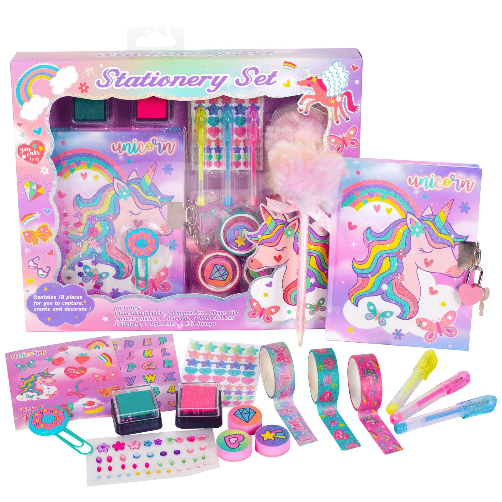PinkSheep Diario de Unicornio para Niñas Con Cerradura y Llaves - Juego de Papelería Con Sellos, Calcomanías, Bolígrafos y Cuaderno - Regalo de Cumpleaños