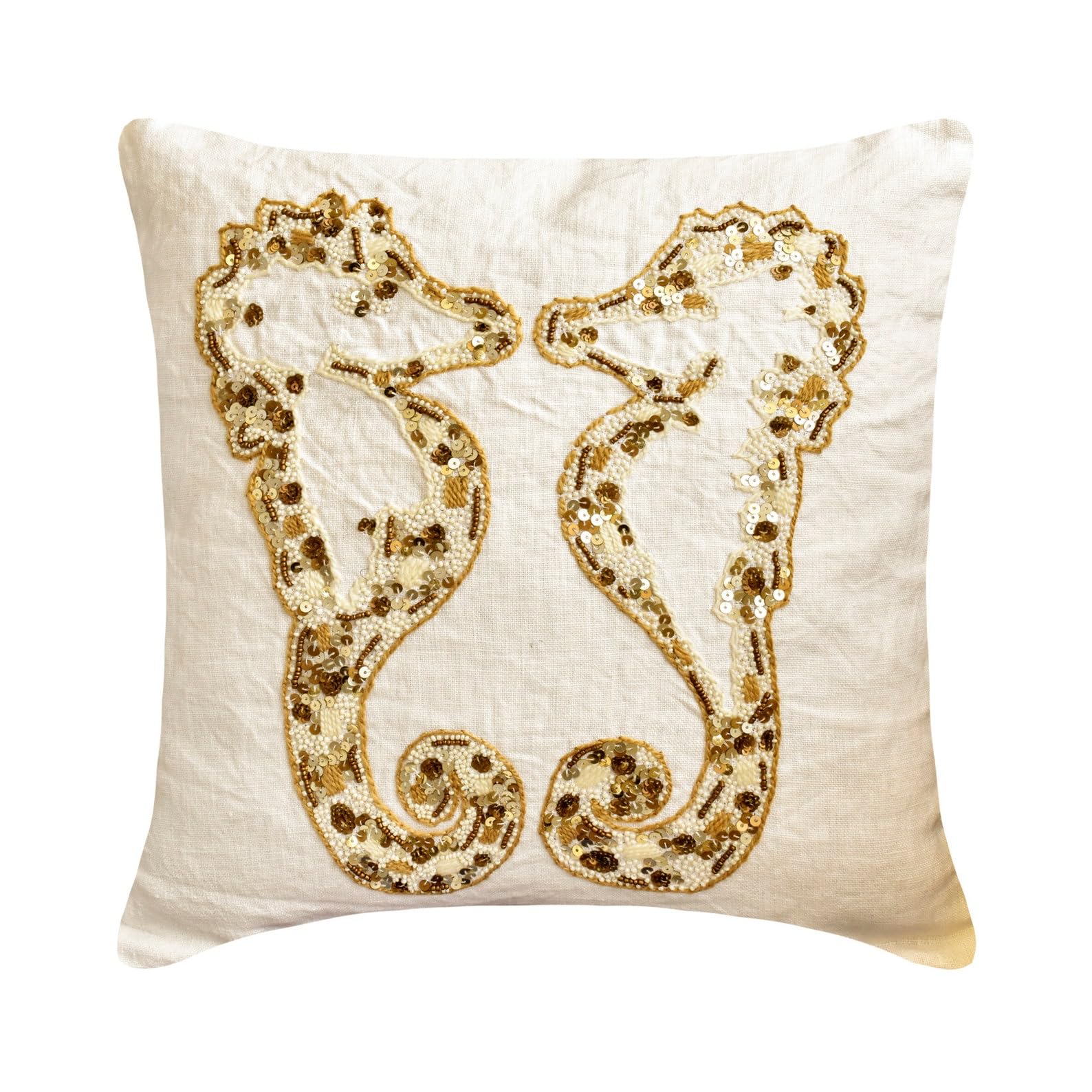 The HomeCentric Decorative Ivory & Gold Pack of 2, 55x55 cm (22"x22") (22"x22") Cushion Covers, Linen Beaded & Sequins Cushion Covers, Abstract Pattern Beach Style - Sea Horse Kiss โ image 1