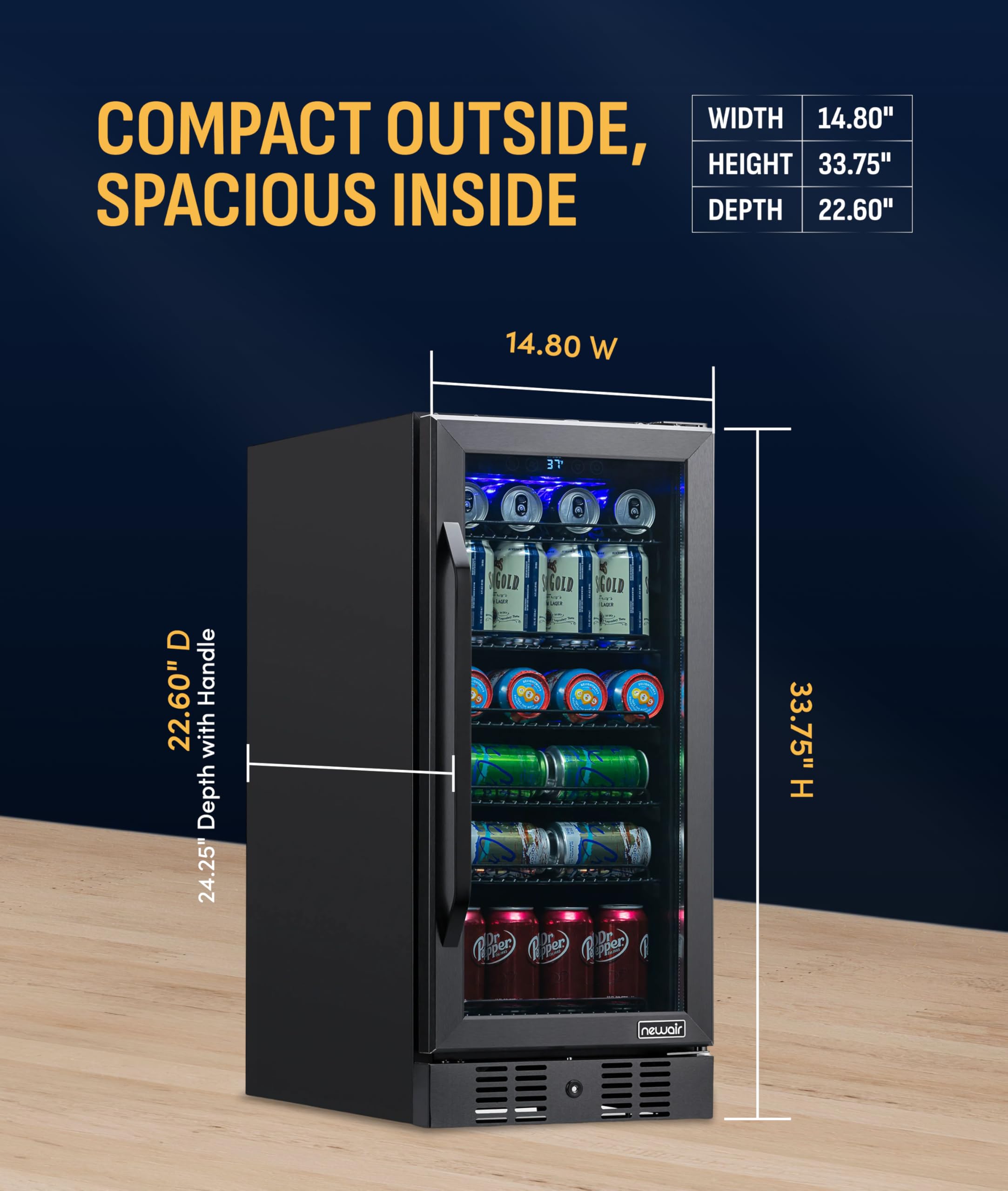 NewAir 96 Can Built-In Beverage Refrigerator | 15” Small Mini Fridge for Bedroom, Home Bar or Office | Quiet Cooling & Precise Temperature Control | Black Stainless Steel on Fridge.com