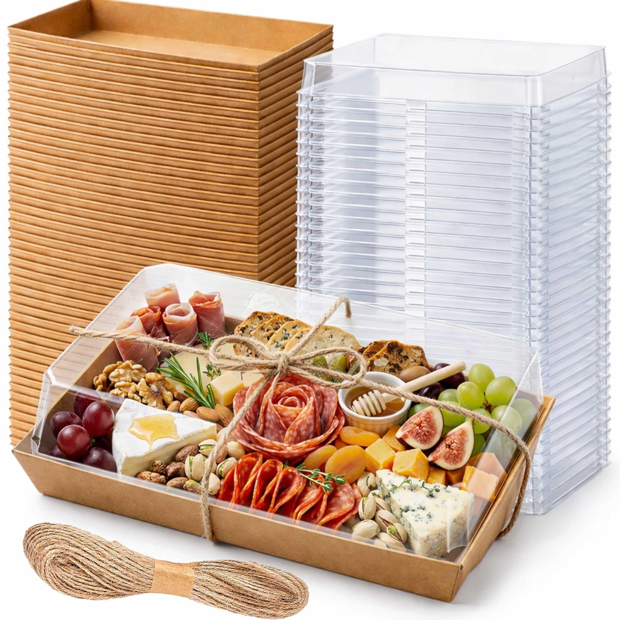 50 Pack 10x6 Inches Large Charcuterie Boxes with Clear Lids - Individual To Go Paper Mini Charcuterie Boards with Lid, Disposable Food Containers for Desserts, Cookie, Charcuterie Accessories (Brown)
