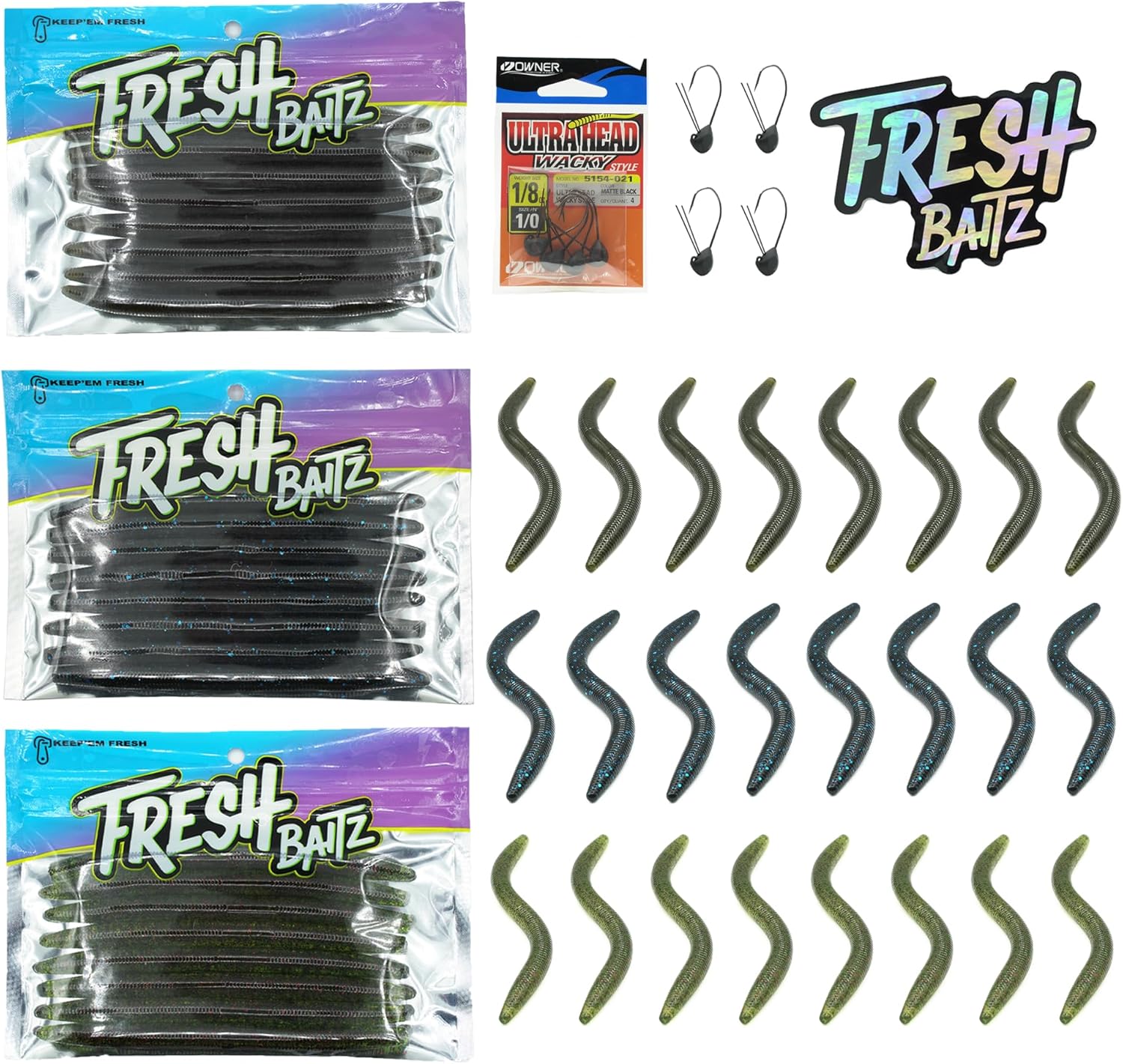 FRESHBAITZ Bass Fishing Wacky Pack | Soft Plastic Fishing Lures for Bass, Wacky Rig Fishing Lure Kit