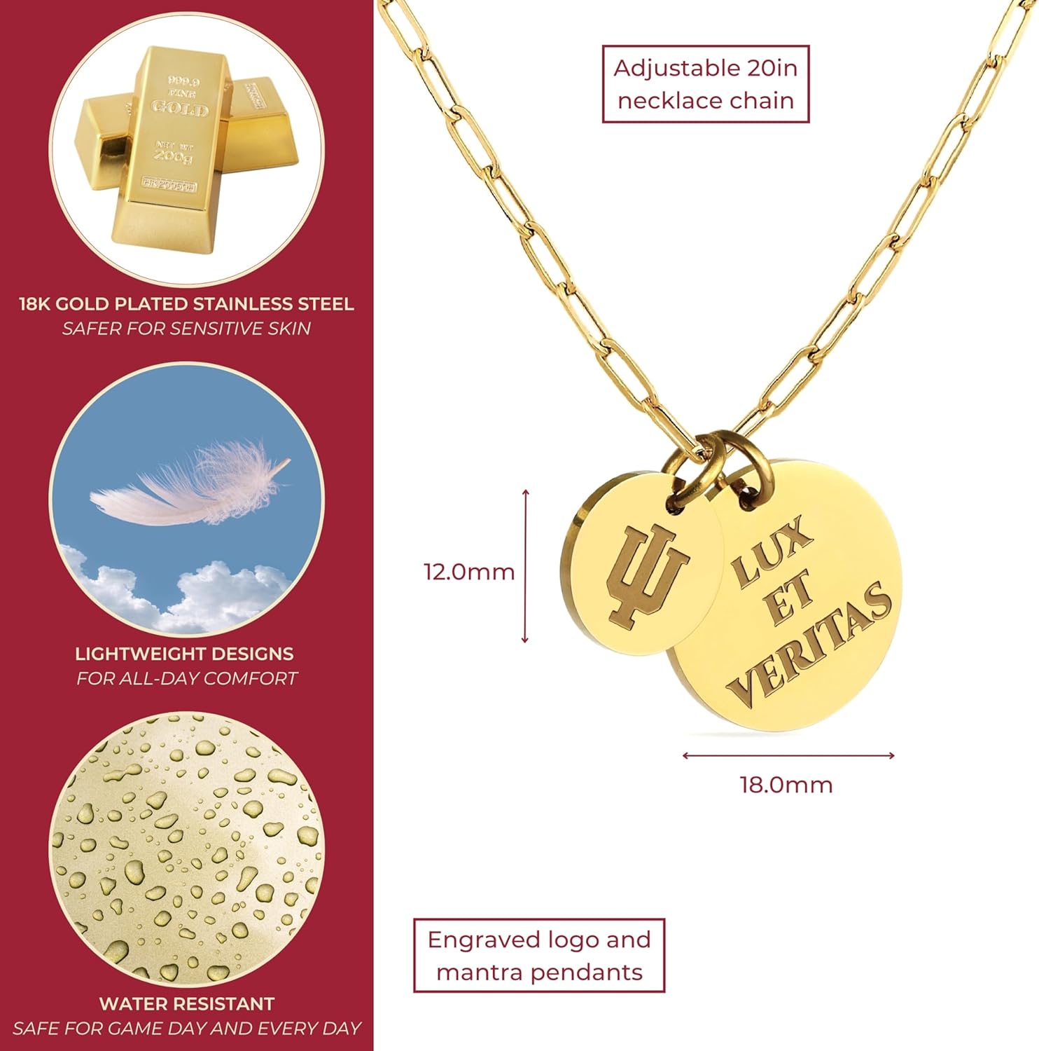 Stone Armory Necklace for Indiana Hoosiers – Indiana University Jewelry - Paperclip Chain 18K Gold Finish Stainless Steel, IU Trident Logo + LUX ET VERITAS.- Adjustable up to 20in, Gift Pouch