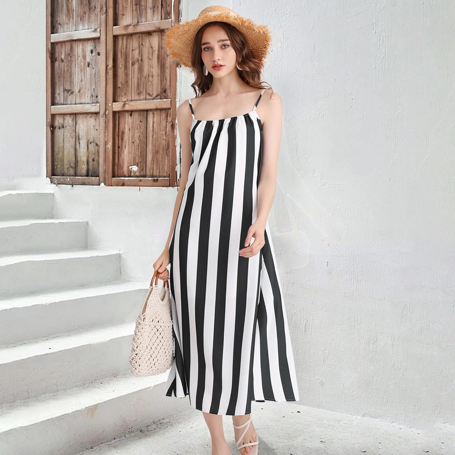 Womens Summer Maxi Dresses 2025 Boho Striped Spaghetti Strap Sundress Casual Beach Vacation Long Dress with Pockets - Image 3