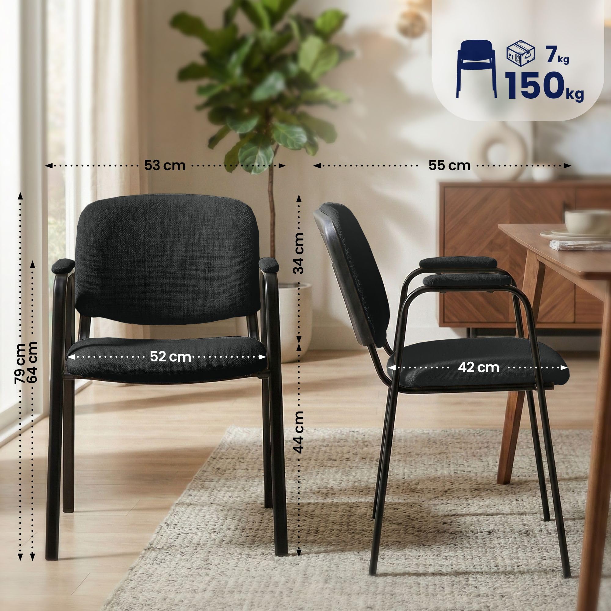 CLP Lot de 4 Chaises Empilables Ken Pro avec Accoudoirs Rembourrés, Chaises de Conférence en Tissu, Piétement Métal Noir Stable jusqu'à 150 kg, Couleur:Noir