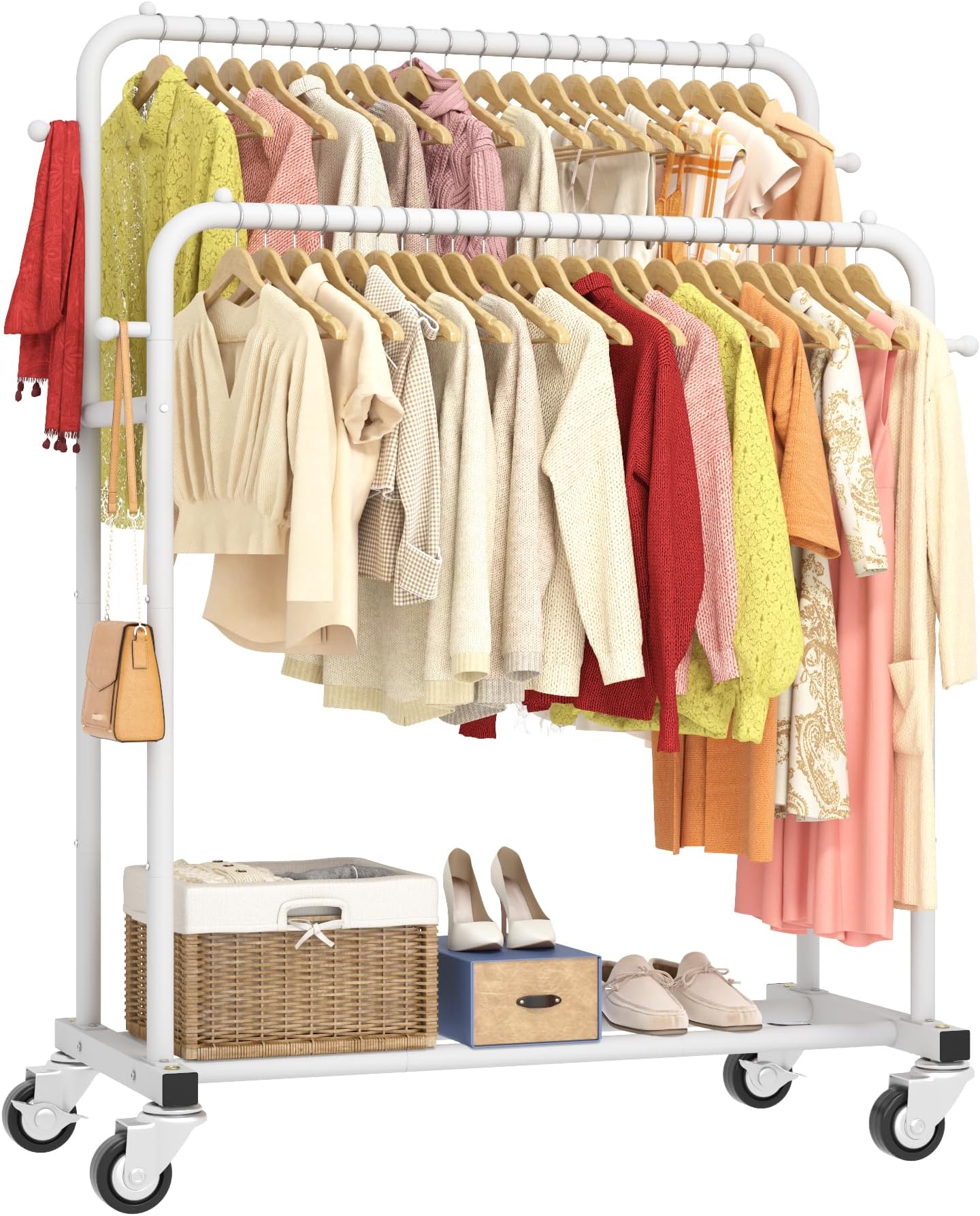 Laiensia Double Rods Garment Rack with Wheels, Clothing Rack for Hanging Clothes,4 Hooks, Multi-functional Bedroom Clothes Rack, White