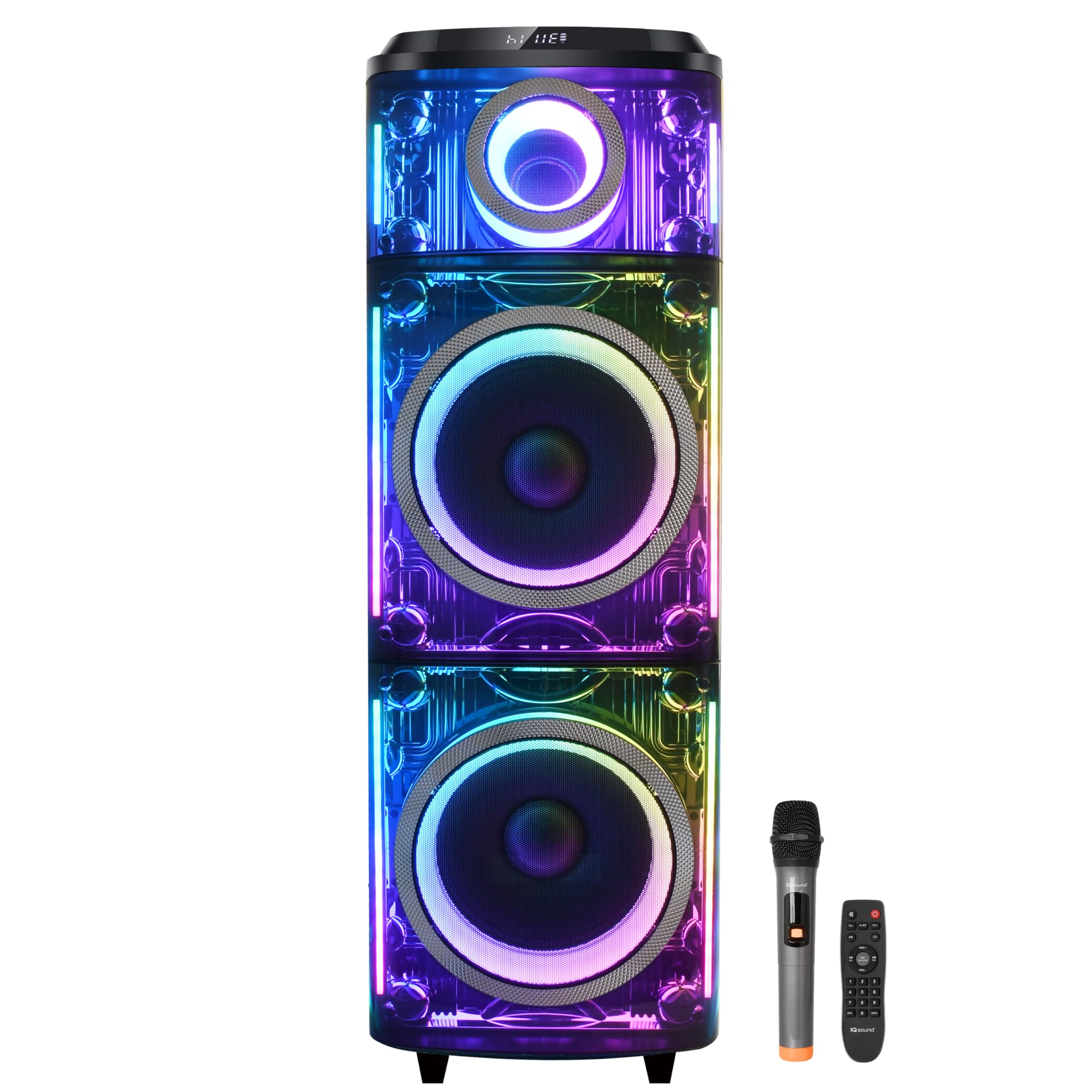 IQ Sound IQ-7712DJBT Cyber Flex Dual 12-inch Rechargeable Party Karaoke Speaker - Deep Bass, TWS, Bluetooth, USB/SD, Mic/Guitar Inputs, LED Lights, FM Radio, Wireless Mic & Remote Included