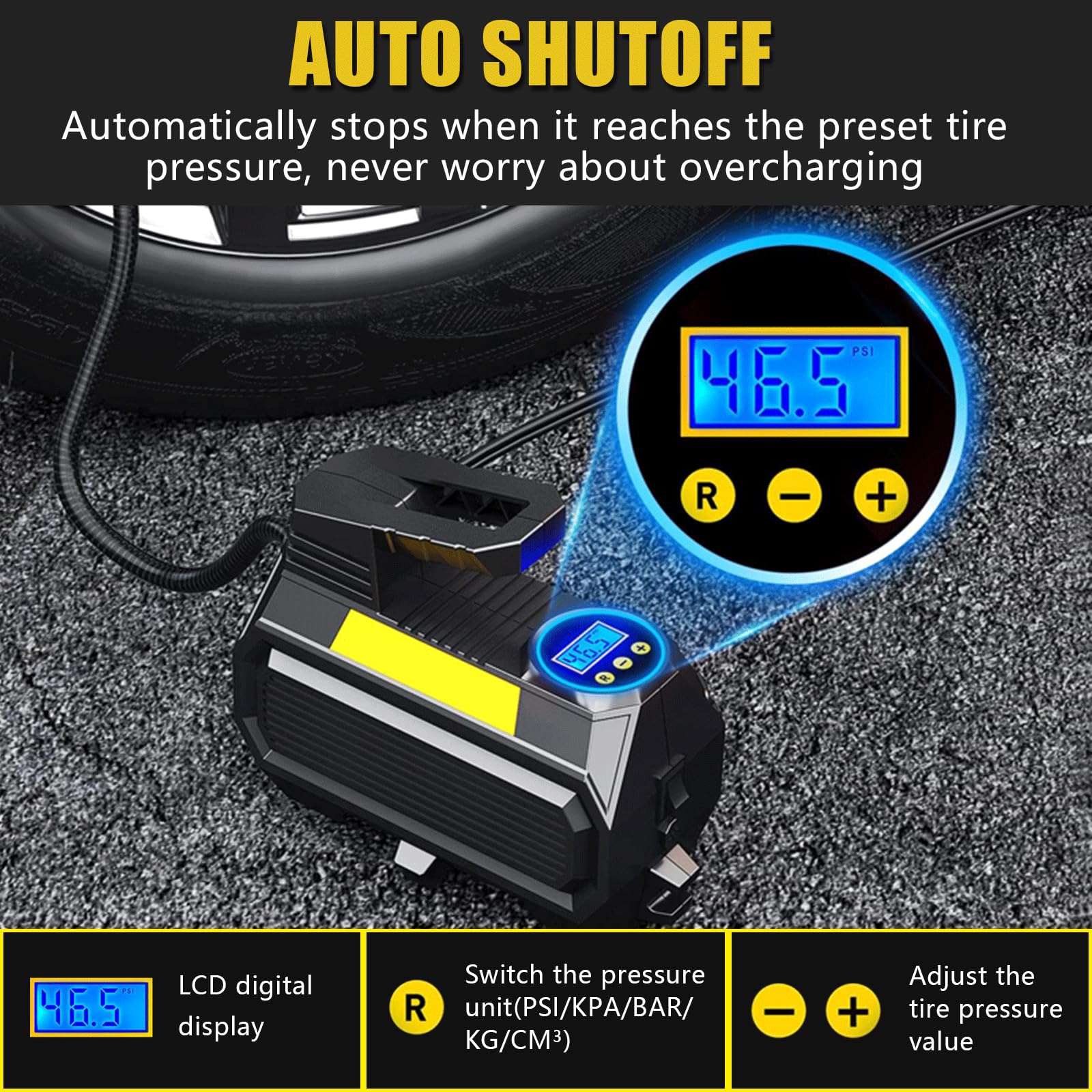 Pompka do opon, przenośna pompa sprężarki powietrza do opon samochodowych, 12 V DC, automatyczna pompa do opon z cyfrowym manometrem, 150 PSI z awaryjnym światłem LED, do roweru samochodowego