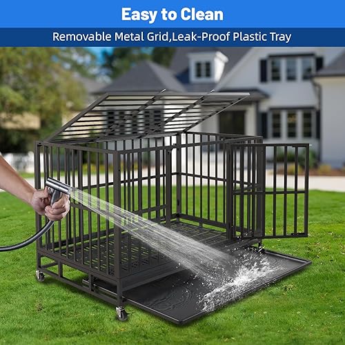 Miniatura 7 de Jaula de perro de 42 pulgadas resistente e indestructible, perrera XL de acero a prueba de escapes para perros grandes, diseño de doble puerta con 4