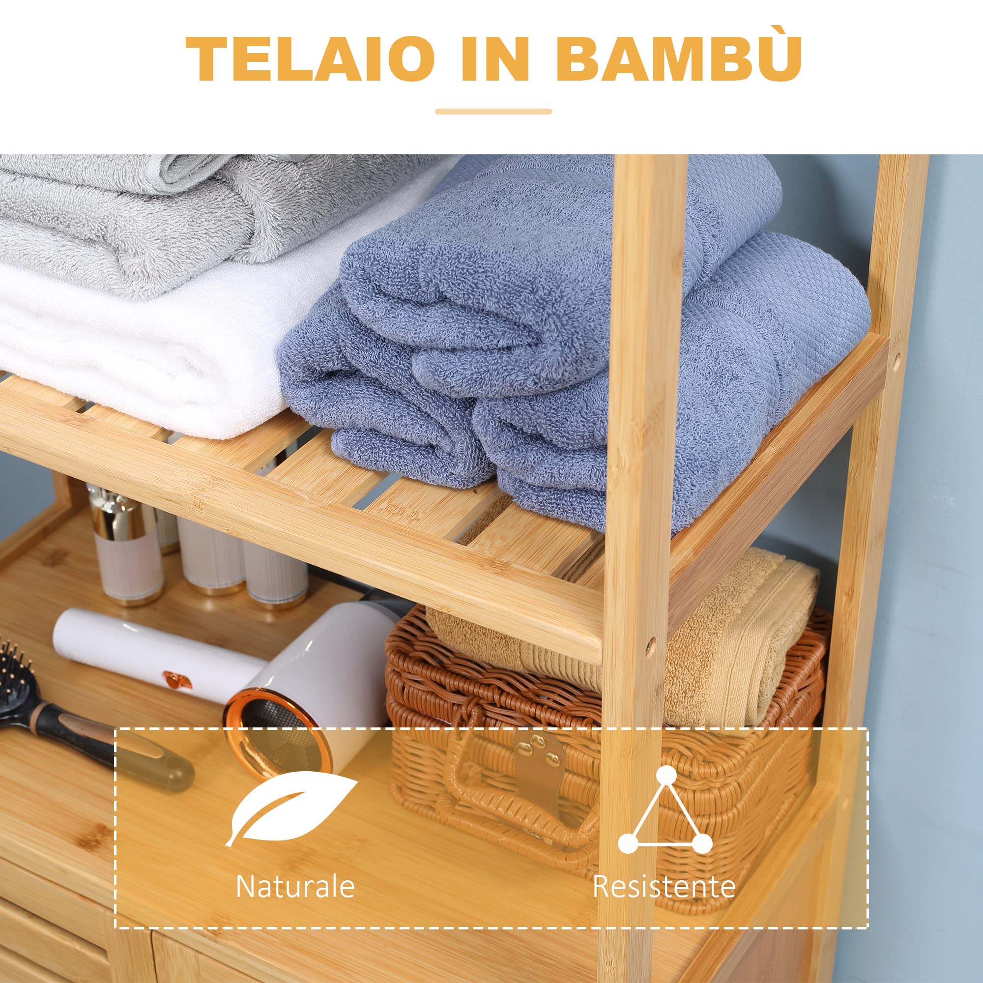 kleankin Mobiletto Bagno con 2 Ripiani Aperti e Armadietto a 2 Ante, Mobile Salvaspazio in Bambù 60x30x120cm, Naturale