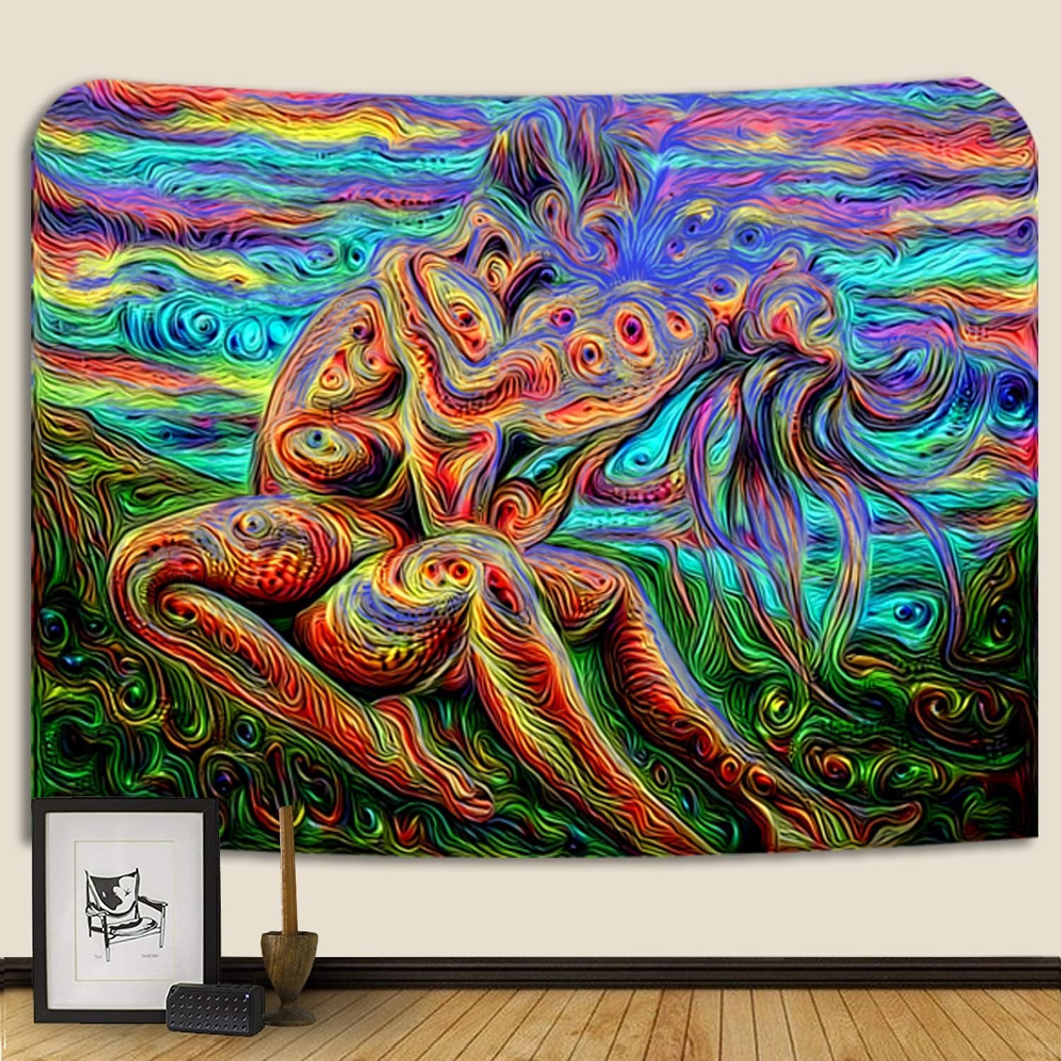 SparkLia Blacklight Lover Tapestry, Colorful Abstract Line Art of Love Kiss UV Reactive Neon Tapestries, Woman Glow in the Dark Wall Hanging Home Décor for Bedroom - 59.1" x 80"