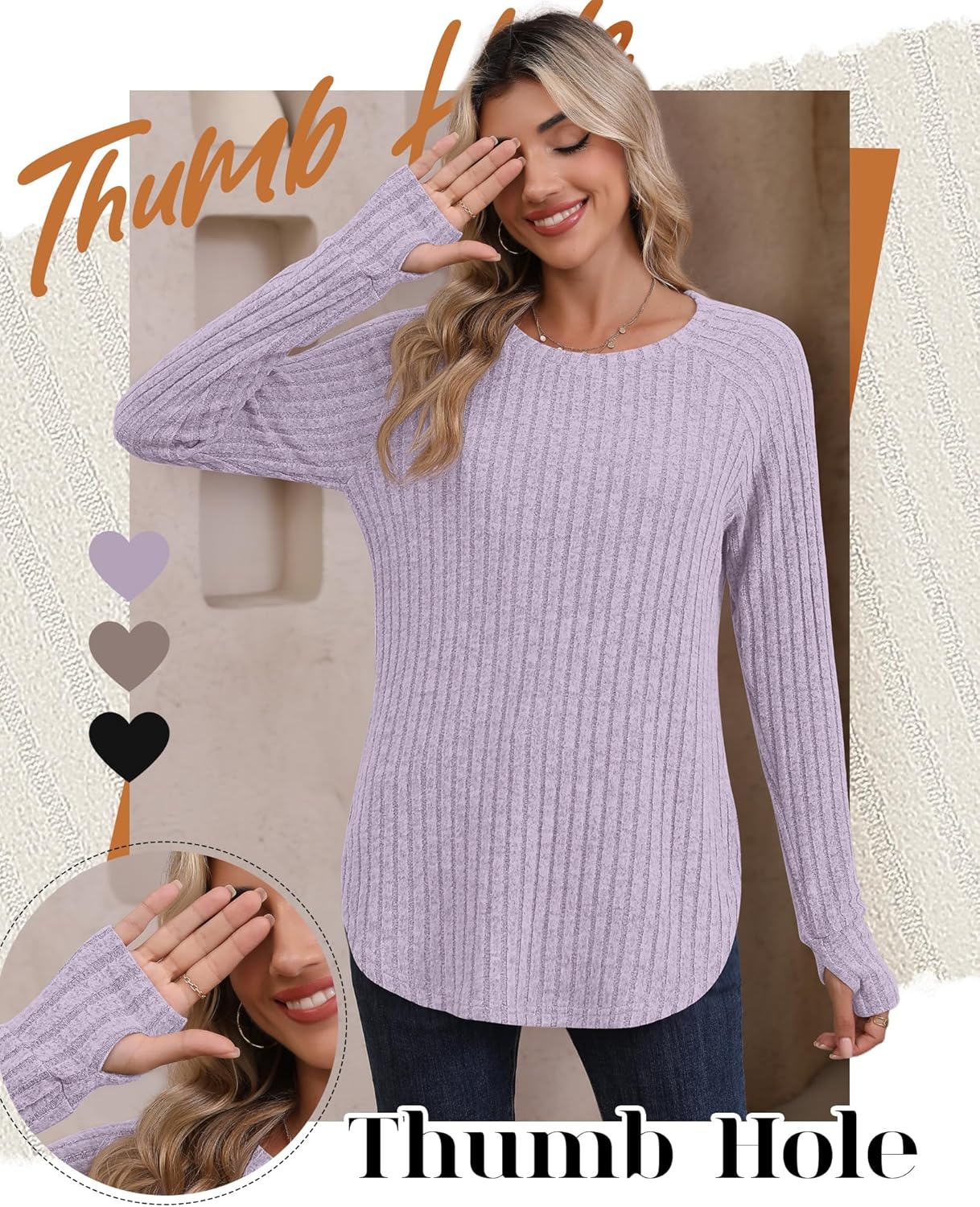 Riyiper 3 Pack Women's Long Sleeve Sweaters with Thumb Hole, Tunic Tops Ribbed Curved Hem Side Split Crew Neck Loose Shirts - Image 3