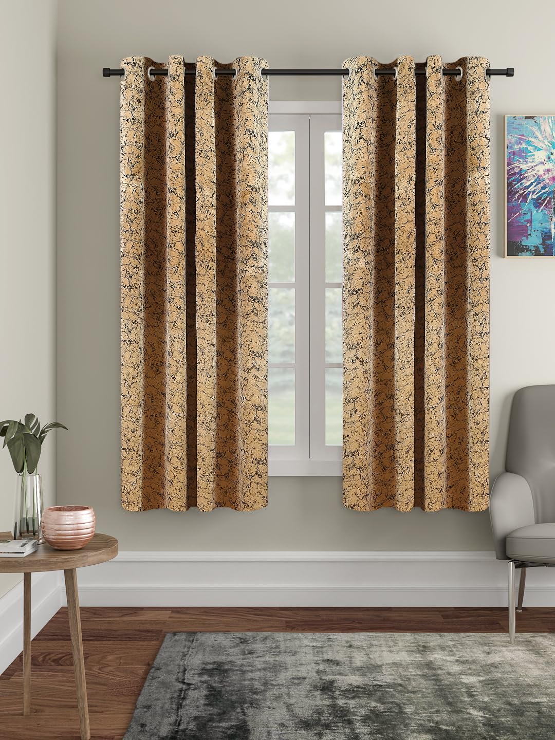 Amazon Brand - Solimo Polyester 75% Blackout Velvet Copper Printed Window Curtains|75% Darkening| Blackout Window Curtains| 5 Feet |Set of 2|Abstract Print Design | for Living Room Kids Room and Bedroom | Color- Pista| Light-Filtering