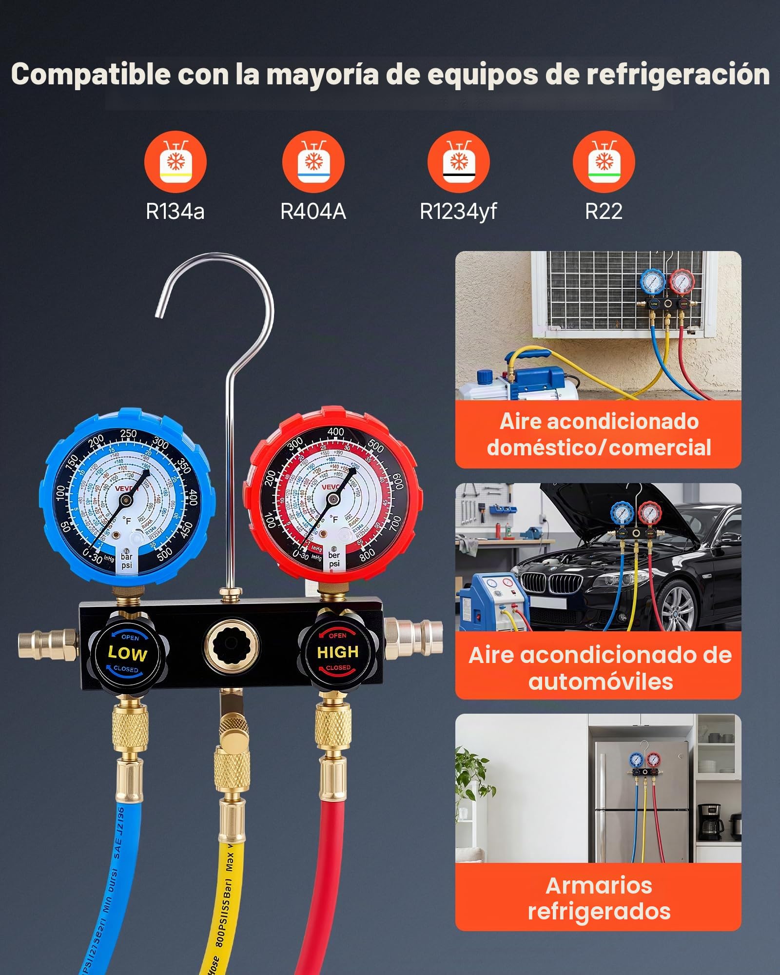VEVOR Juego de Manómetros de 3 Vías para Carga de Refrigeración R134a R404A R1234yf R22, con Manguera de 1,5 m, Adaptadores, Acopladores Rápidos, Grifos para Mantenimiento de Aire Acondicionado