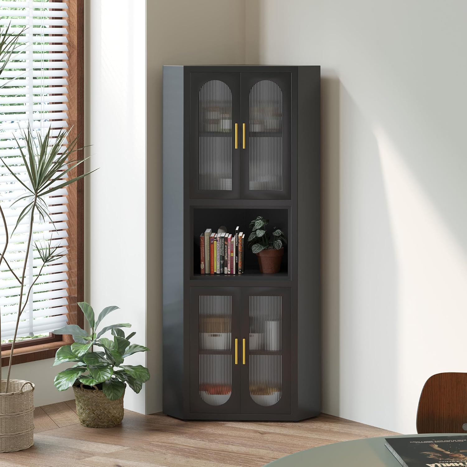 64" Black Metal Corner Storage Cabinet, 5-Tier Modern Fluted Side Free Standing Storage Organizer Acrylic Glass Display Cabinet for Multifunction in Living Room, Kitchen, Bedroom, Small Space