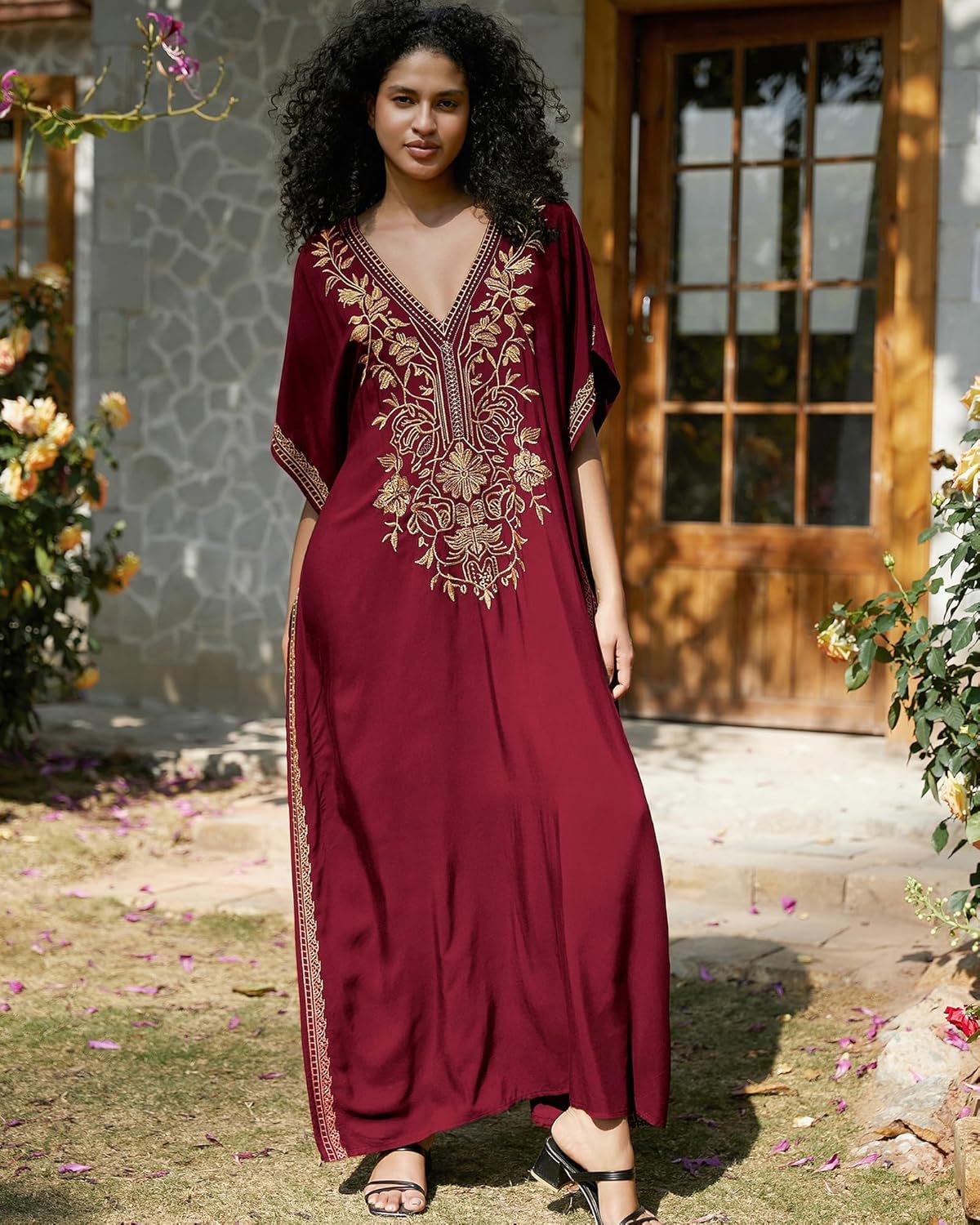 Bsubseach Kaftan Cover Ups for Swimwear Long Caftan Loungewear Gold Embroidery Swimsuit Cover Up Dress