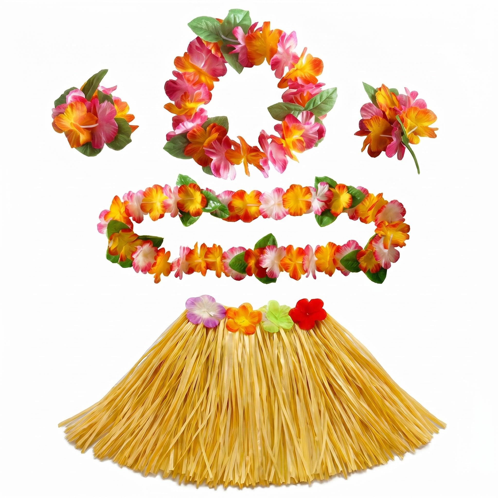 Satiskid 5 Pcs Hawaiian Fancy Dress, Grass Skirt with Hawaiian Hula Skirt Costume Set, Tropical Luau Party Outfit with Hawaii Lei Flower Set for Women Men Kids Summer Beach Festival