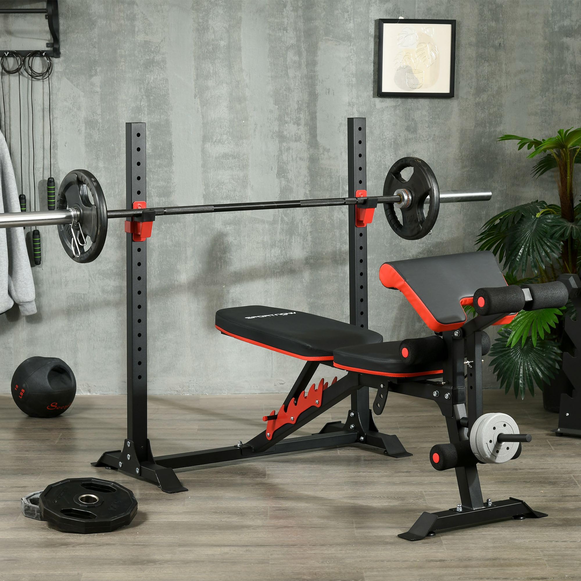 SPORTNOW Banco de Musculación Multifuncional Banco de Pesas Musculación con Respaldo y Soporte de Barras Ajustables Carga 150 kg para Entrenamiento Piernas Abdominal Pecho y Brazos Negro