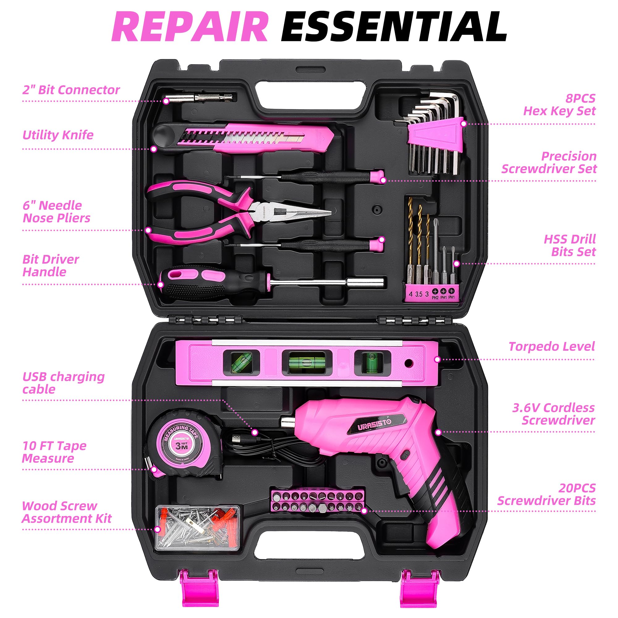 URASISTO 123 Piece Pink Tool Set - Electric Screwdriver Kit -2
