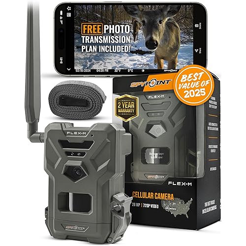 SPYPOINT Flex-M Cellular Trail Camera - Best Hunting Accessories, No WiFi Needed, Night Vision, Motion Activated, Dual-Sim LTE, IP65 Water-Resistant Game Camera, 28MP Photos, 720p Videos + Sound (1)