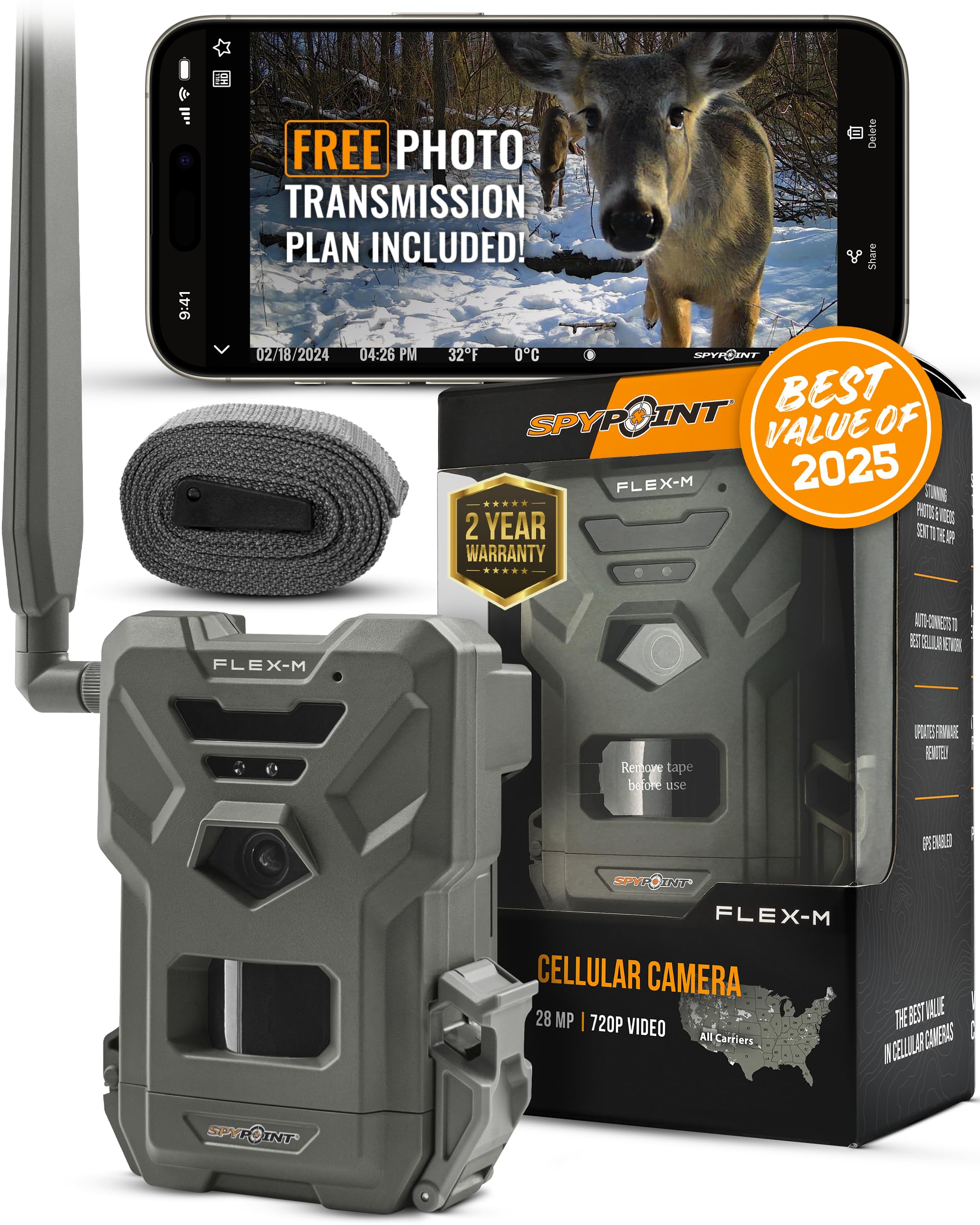 SPYPOINT FLEX-M Cellular Trail Camera | Best Value in Hunting Accessories | No Wifi Needed & GPS-Enabled | Night Vision | Dual-Sim LTE Connectivity | IP65 Waterproof | 28MP Photos, 720p Videos + Sound