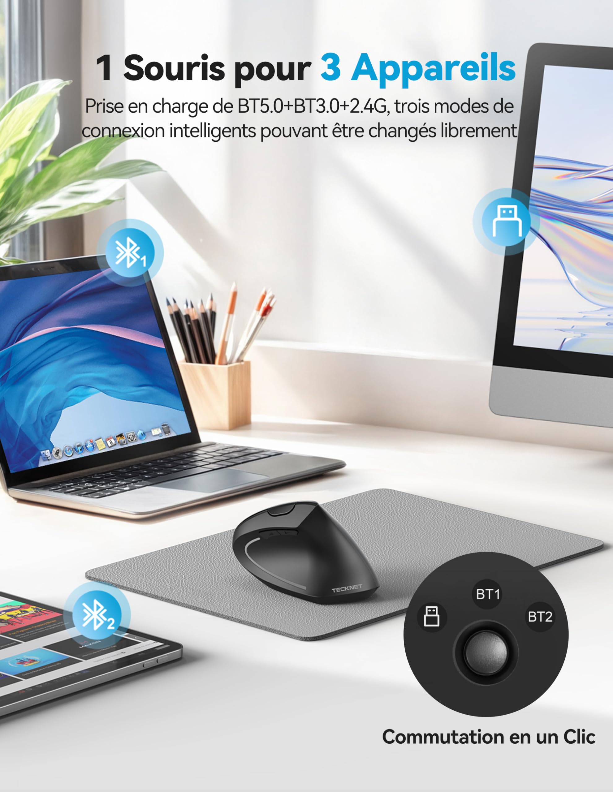 TECKNET Souris Ergonomique sans Fil Rechargeable, Souris Verticale Bluetooth 3 Modes (BT5.0/3.0+2.4G) 4800 DPI Réglable, 6 Boutons, Souris Silencieuse pour Ordinateurs, Portables, Mac, PC, Windows