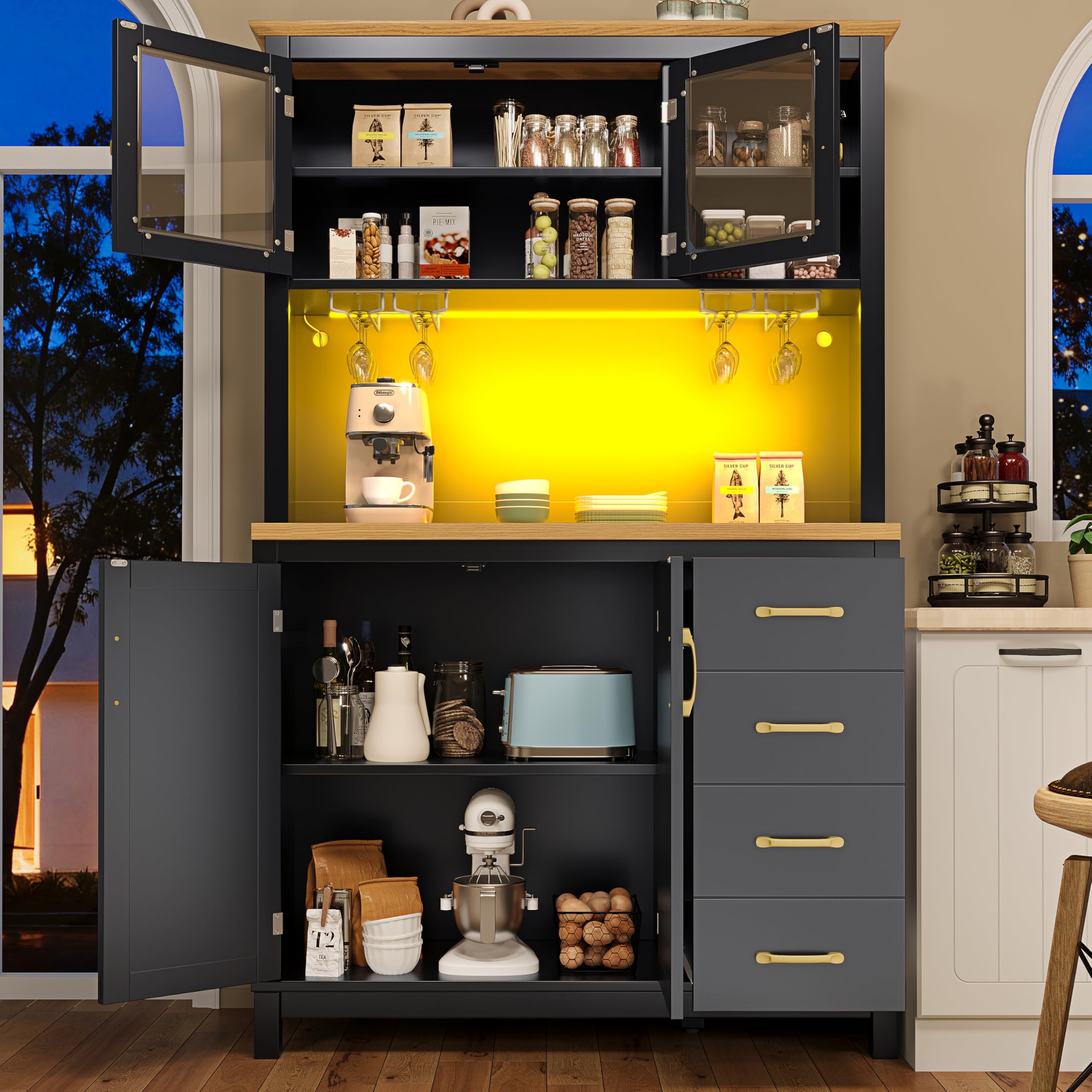 Mobile da cucina a buffet, 105,5 x 40 x 180 cm, stile rustico, 4 ante, con striscia luminosa a LED e porta bevande, verde/nero/bianco