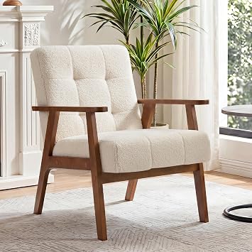 Furniliving Mid Century Modern Accent Chair, Wood Frame Upholstered Arm Chair with Waist Support, Button Tufted High Back Reading Armchair, Waiting Room Chairs for Bedroom Sunroom, Sherpa, White