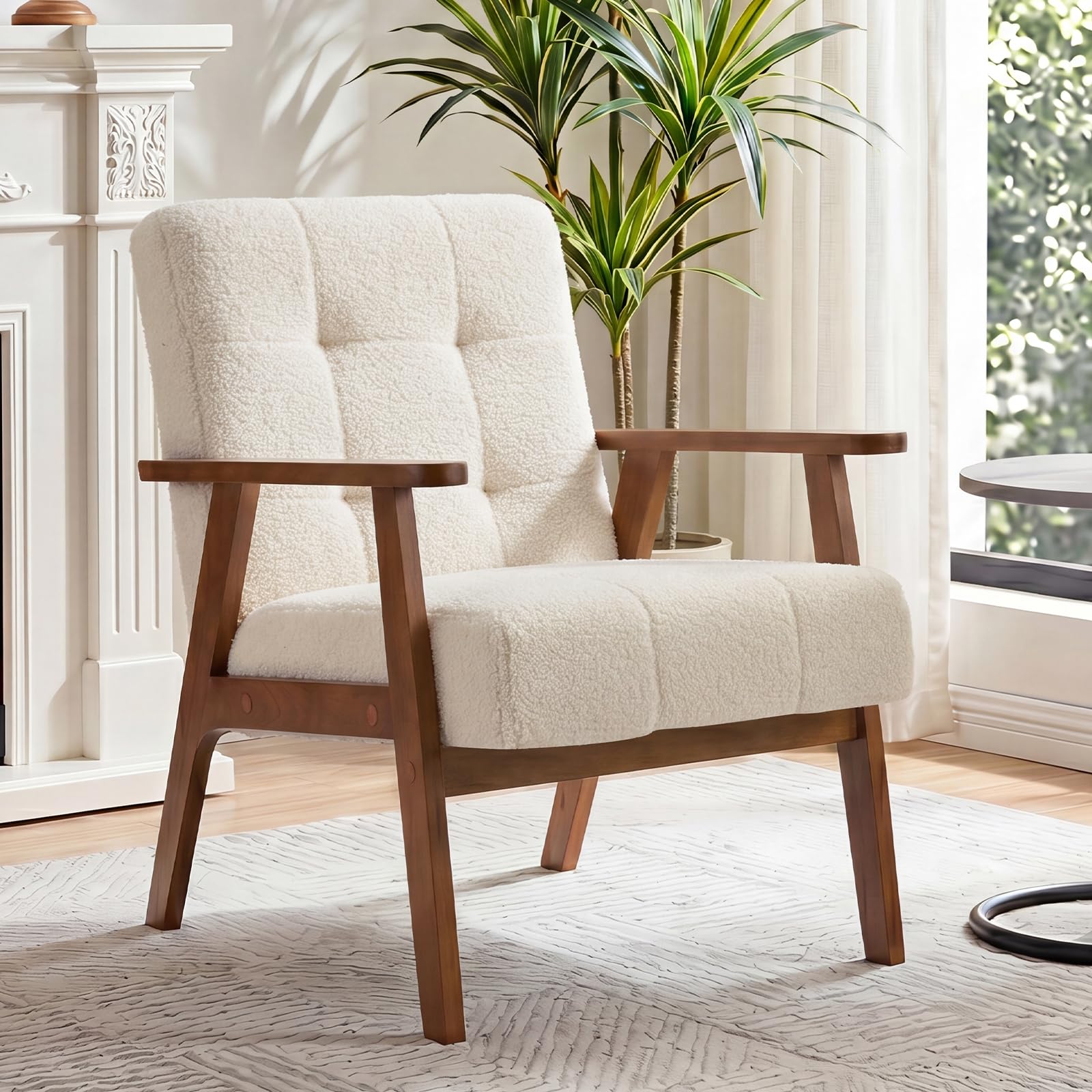 Sessel mit Armlehnen, Loungesessel aus Samt mit Dickem Kissen, Cocktailsessel mit Massiven Holzbeinen, Polstersessel für Wohnzimmer, Schlafzimmer, Aufenthaltsraum, Büro, Elfenbeinweiß