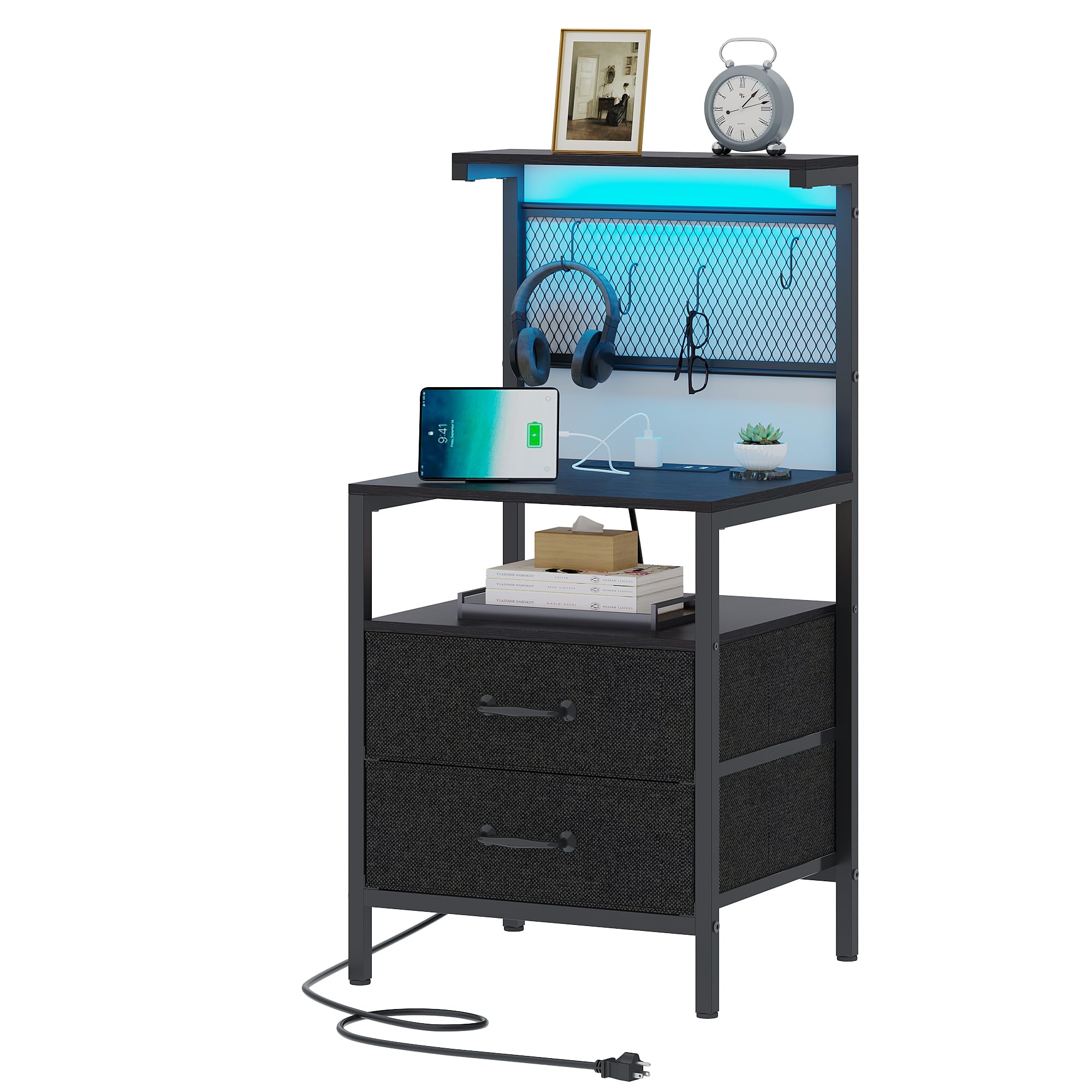 Tall Nightstand with Charging Station and LED Lights, Night Stand with Fabric Drawers, Bedside Table 36.4 Inch with Storage Shelves, Side Table, Mesh Shelves with Metal Hooks, Black