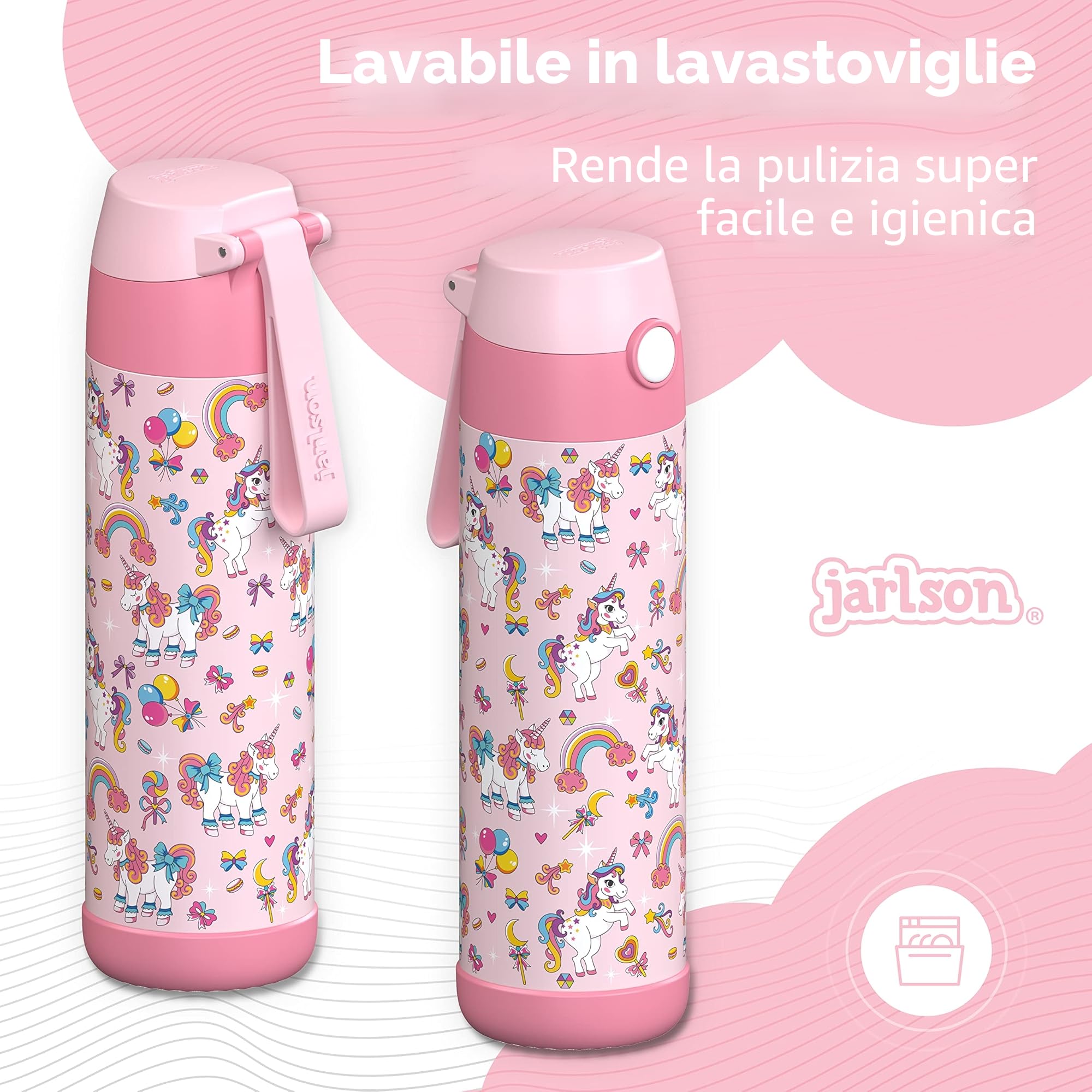 JARLSON® Borraccia Termica Bambini 500ml MALI [SENZA BPA e FTALATI] - Bottiglia Acciaio Inox - Termos per Acqua per Bambino e Bambina - Mantiene Freddo - Ideale per Scuola, Sport e Viaggi (Unicorno 1)
