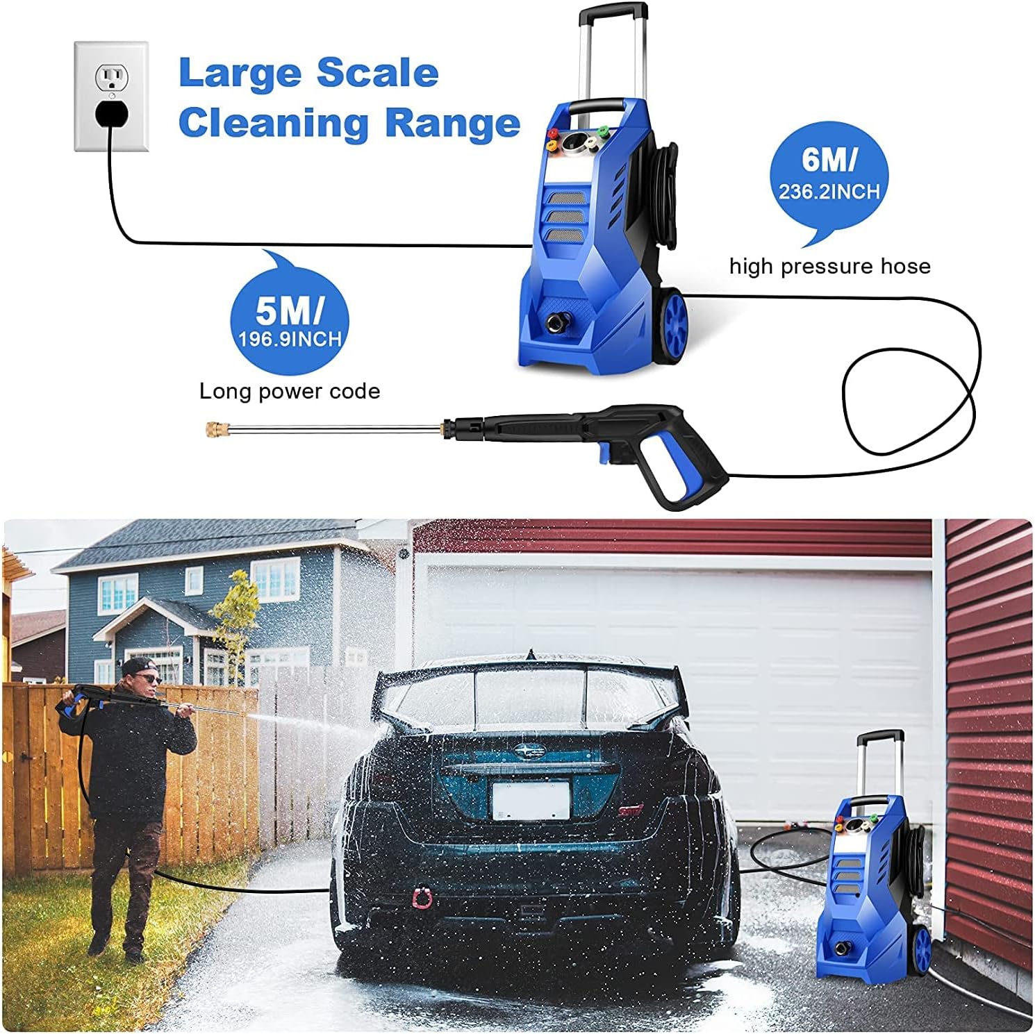 Suyncll Electric Pressure Washer - 2.7GPM Power Washers Electric Powered, High Powerful Car Washer with 5 Quick Connect Nozzles, Foam Cannon, Total Stop System Cleans Cars/Fences/Patios, 2000W(Blue)