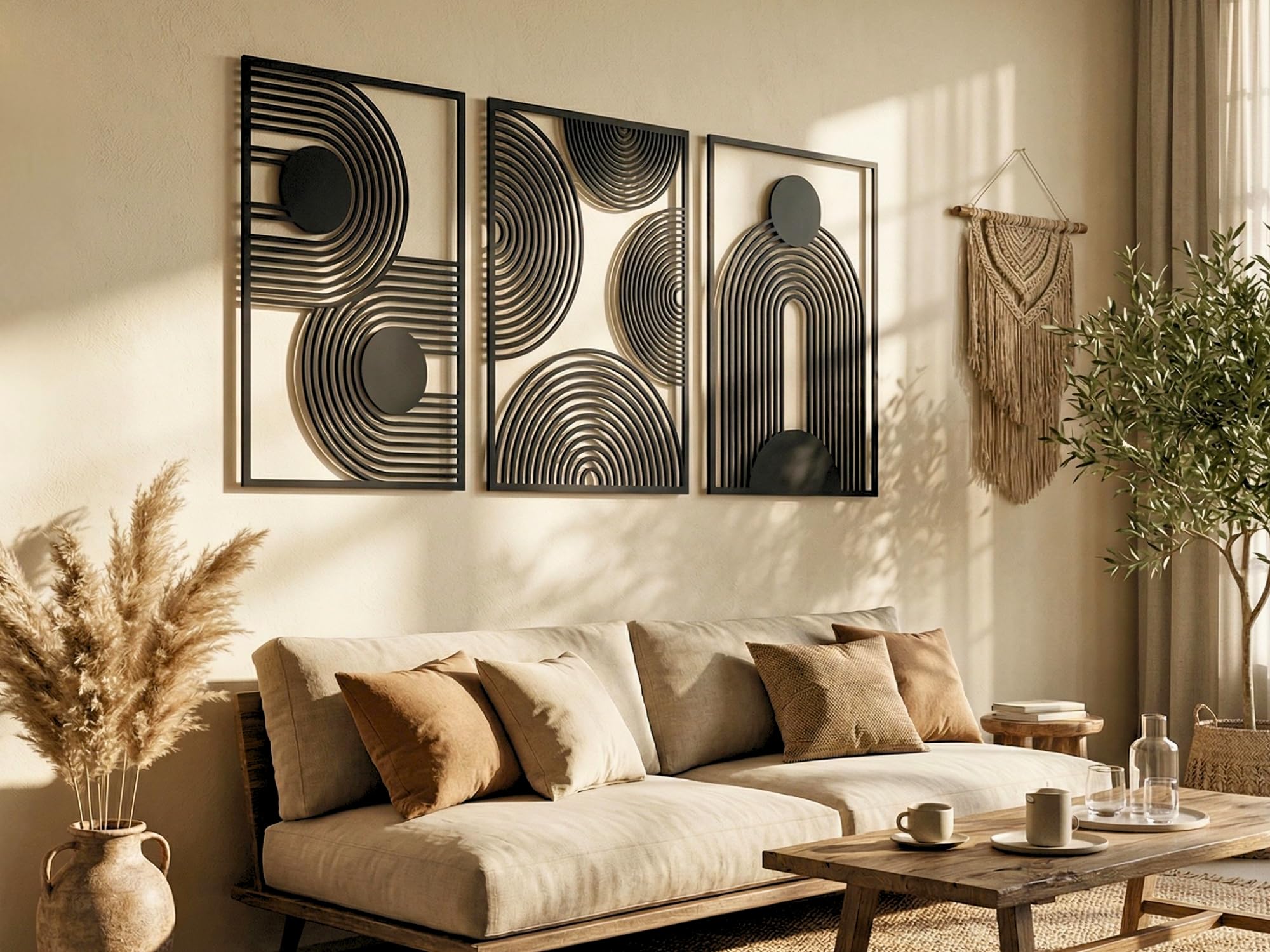 VAILLA ® 3er set Boho Wanddeko, Geometrische Wanddekoration aus Holz, 3D Wandbilder Home Dekoration, Bohemian Große Wand Deko, Bilder für Schlafzimmer, Wohnzimmer (Boho 5)