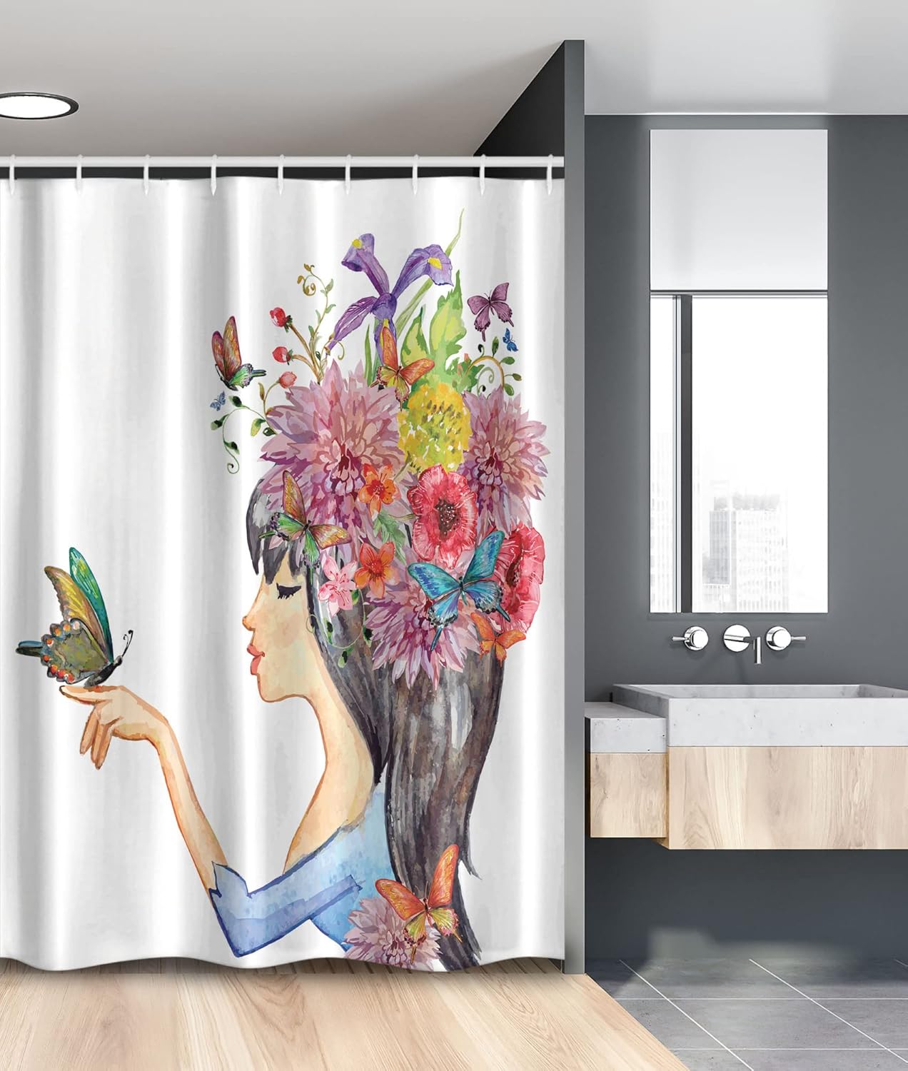 Ambesonne Watercolor Flower Stall Shower Curtain, Floral Head Girl Holding Butterfly Romantic Feminine Spring Artwork, Fabric Bathroom Decor Set with Hooks, 54" W x 78" L, Multicolor