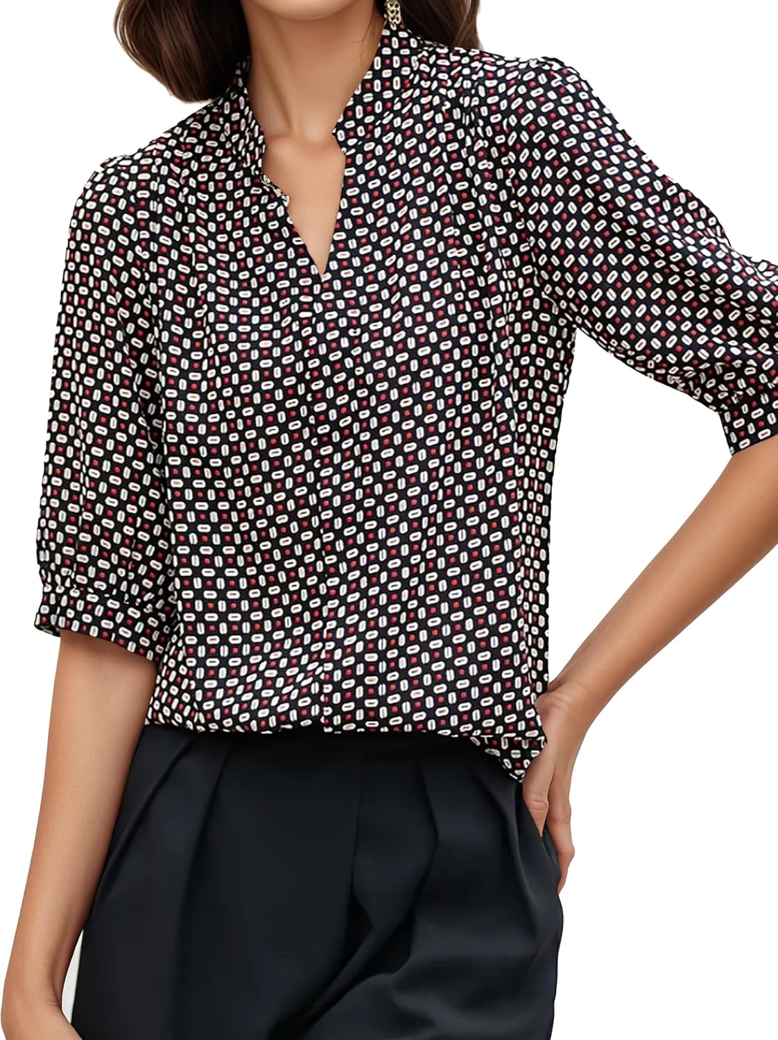 Womens Summer Business Casual Blouses Shirts V Neck Print Short Sleeve Work Tops Tunic - Image 6