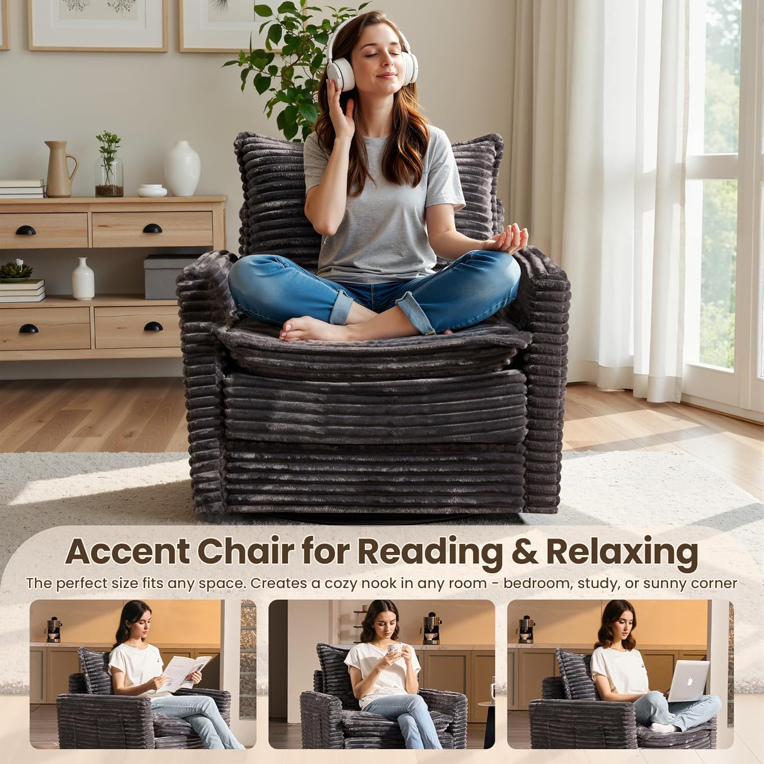 98" Modular Sofa with Swivel Chairs, Modern L Shape Cloud Sectional Couch Plush Corduroy 5 Seater Deep Seat Sofas Set & Accent Armchair Set of 2 for Living Room, Gray