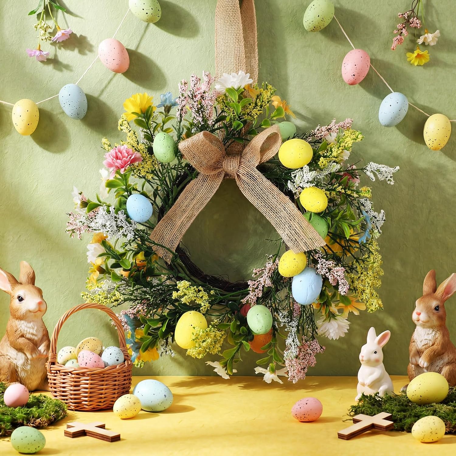 Riceshoot 6 Pcs 11 Inch Easter Egg Wreath Decorations with Ribbon Bow for Front Door Kitchen Cabinet Small Window Spring Artificial Flower Wreath with Pastel Eggs and Mixed Twigs for Home Farmhouse