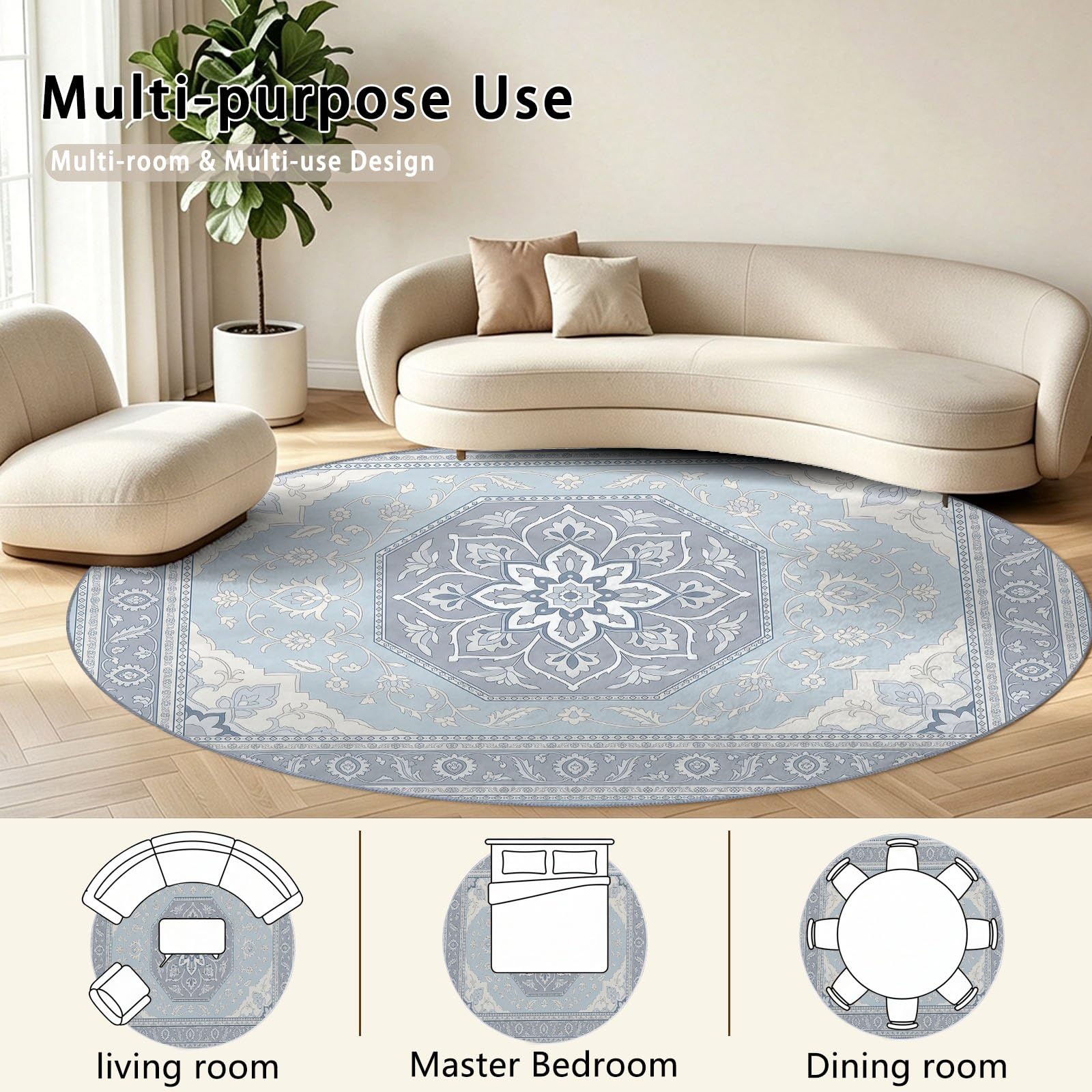 Tappeto rotondo bohemien, tradizionale 120 cm, motivo geometrico, motivo floreale, lavabile in lavatrice, per soggiorno, blu, grigio, antiscivolo, pelo corto, tappeto rotondo stampato per la cameretta