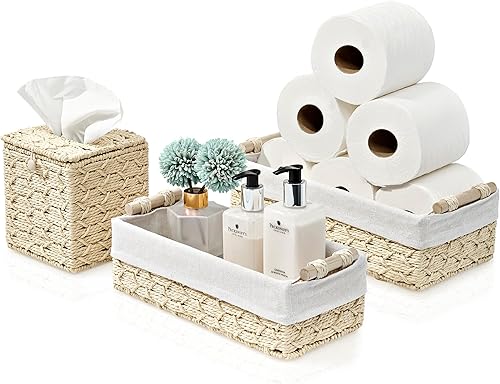 Sorbus Juego de cestas de baño de cuerda de papel y soporte para pañuelos, cestas decorativas de mimbre para estantes de baño, juego de